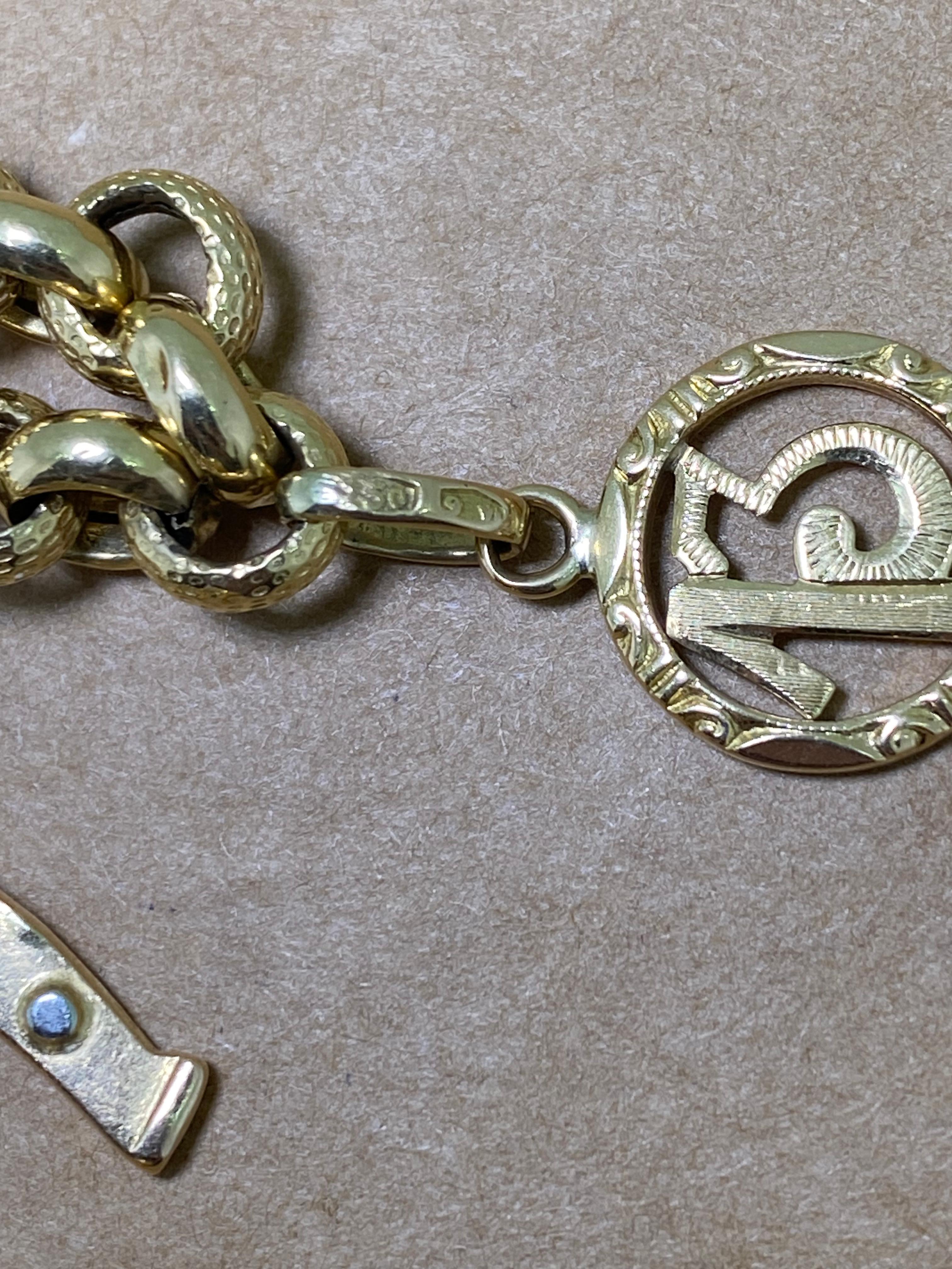 18k Yellow Gold Italian Charm Bracelet: Horseshoe, Ball, Disk, Figure 13 Charms 2