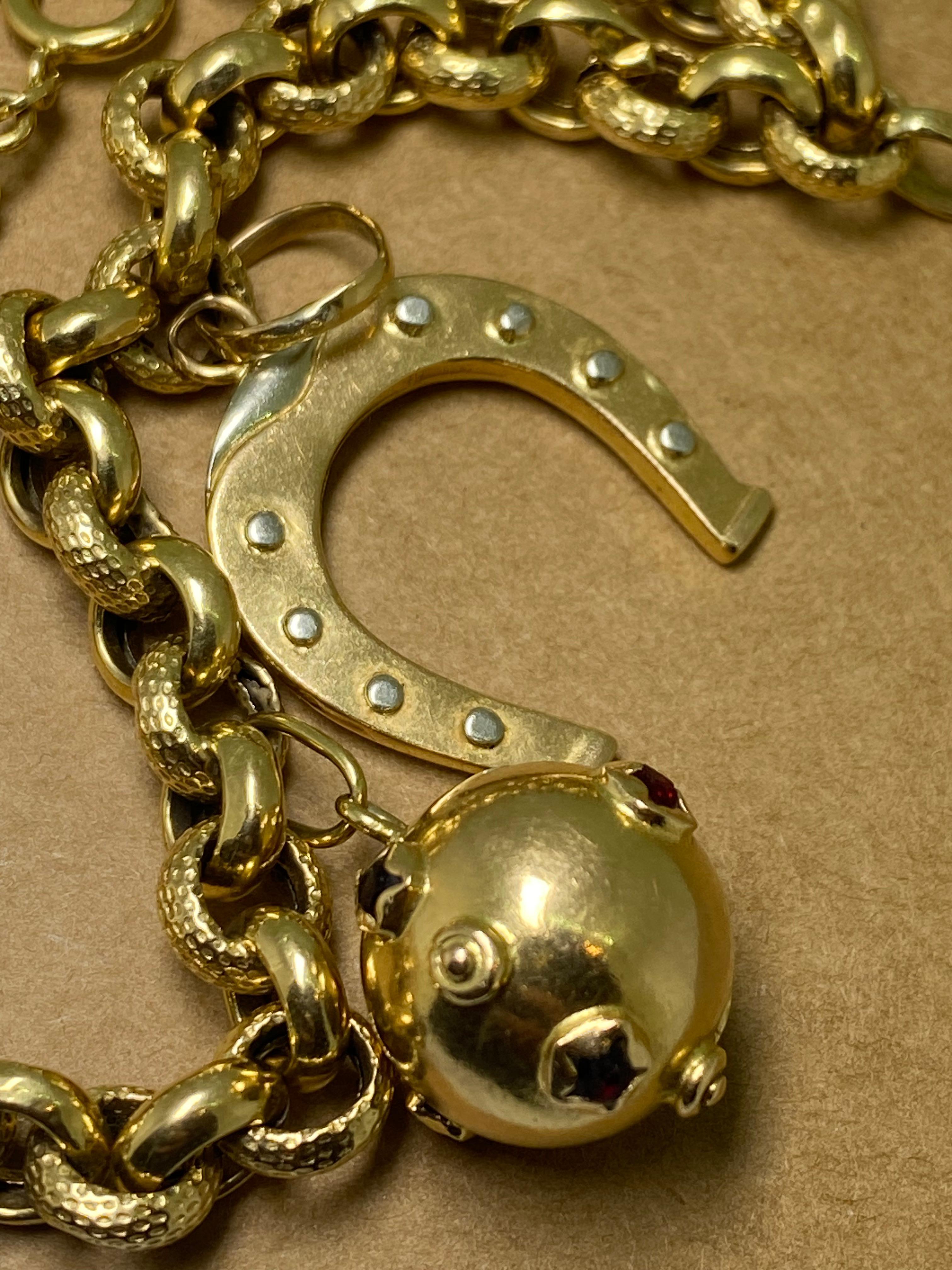 18k Yellow Gold Italian Charm Bracelet: Horseshoe, Ball, Disk, Figure 13 Charms 3