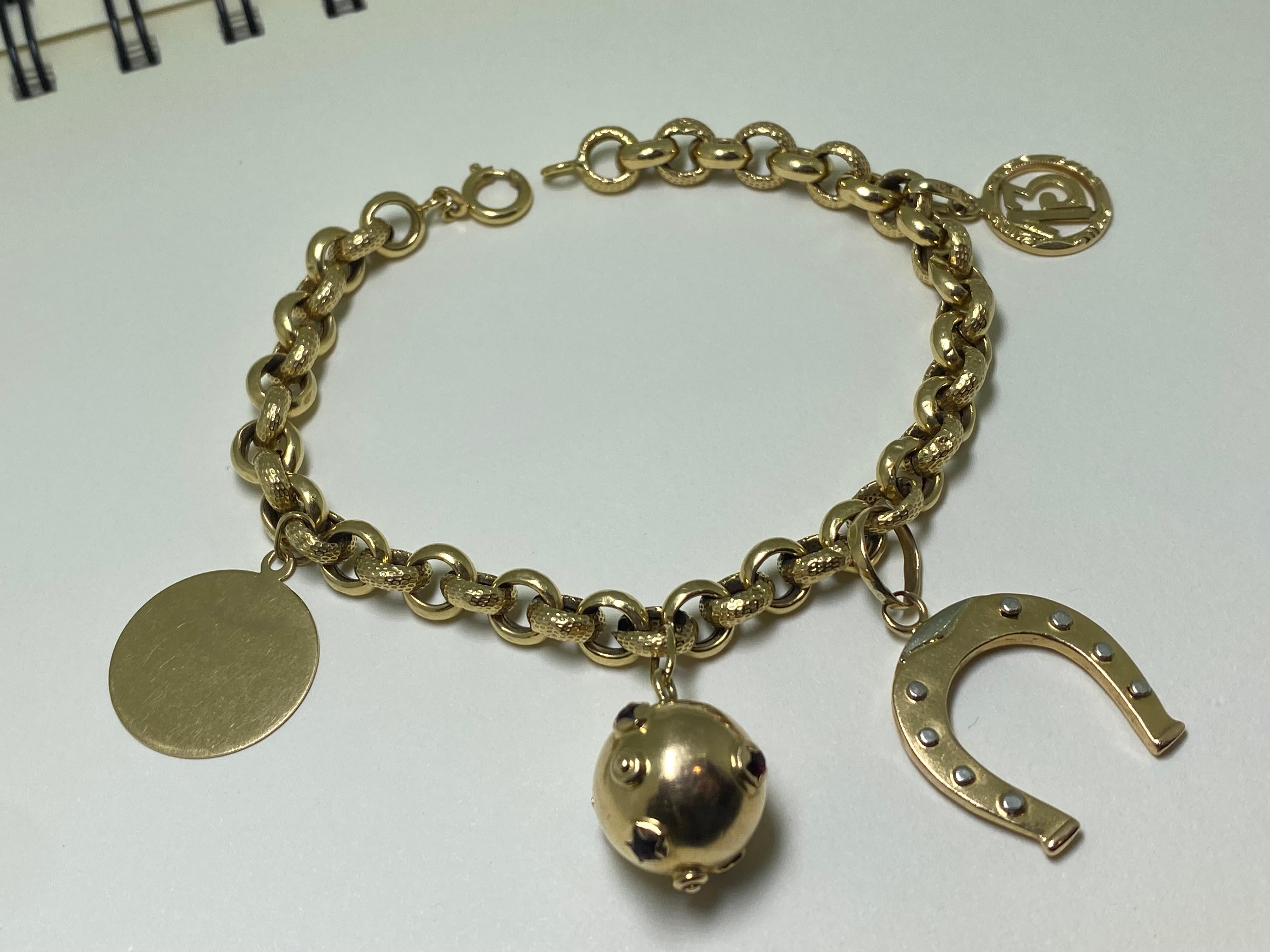 18k Yellow Gold Italian Charm Bracelet: Horseshoe, Ball, Disk, Figure 13 Charms 4