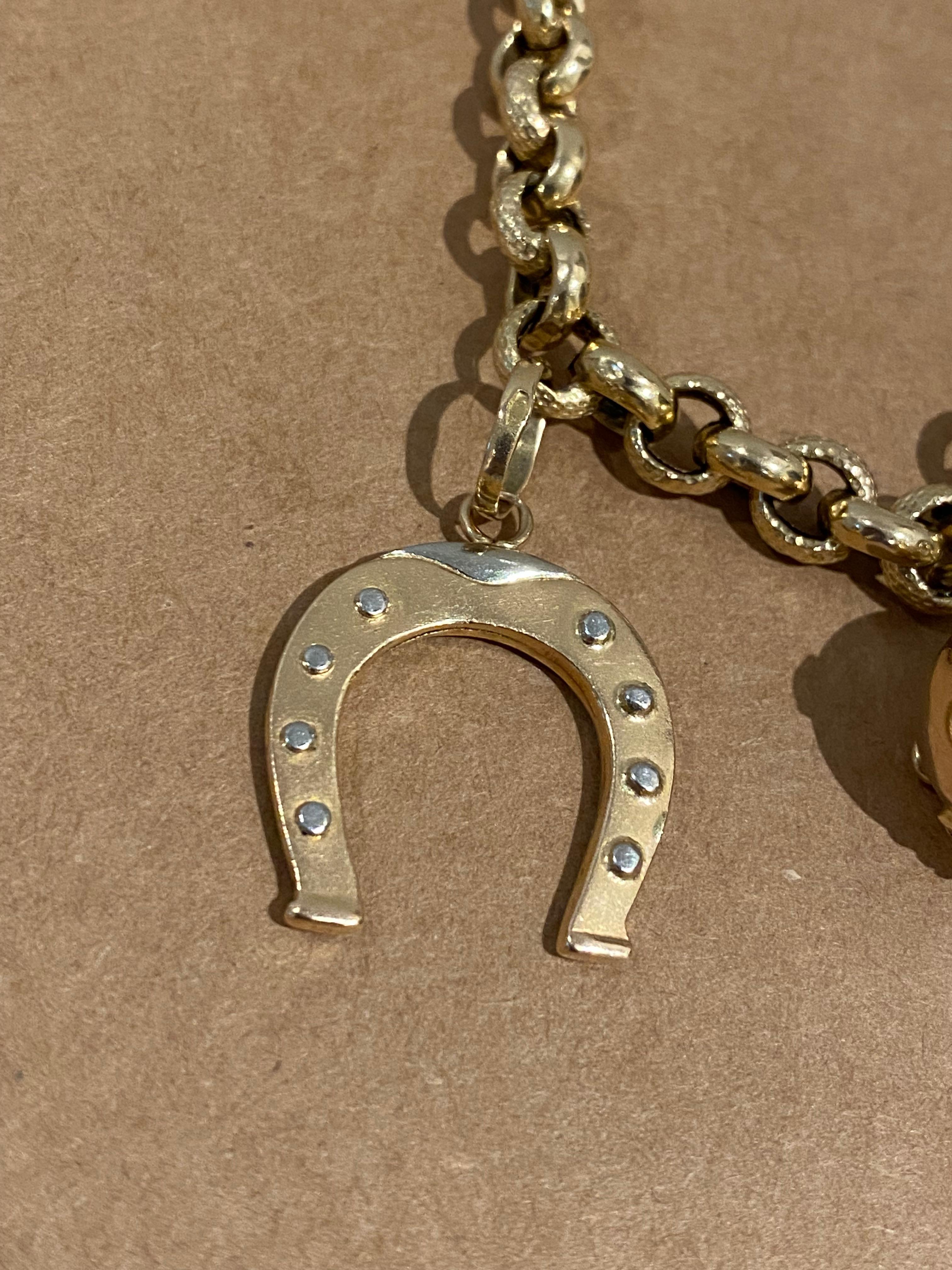 18k Yellow Gold Italian Charm Bracelet: Horseshoe, Ball, Disk, Figure 13 Charms 5