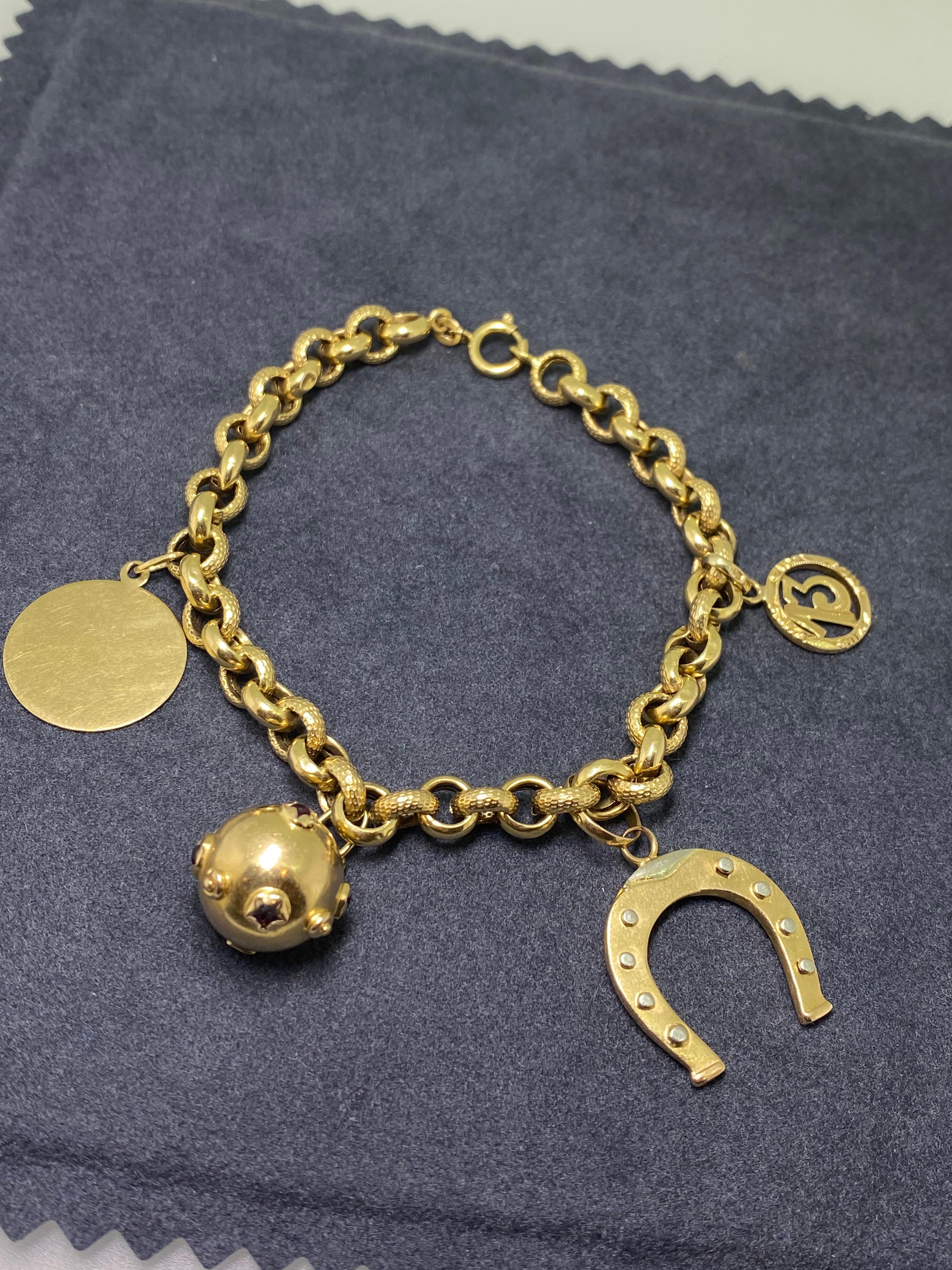 Modern 18k Yellow Gold Italian Charm Bracelet: Horseshoe, Ball, Disk, Figure 13 Charms