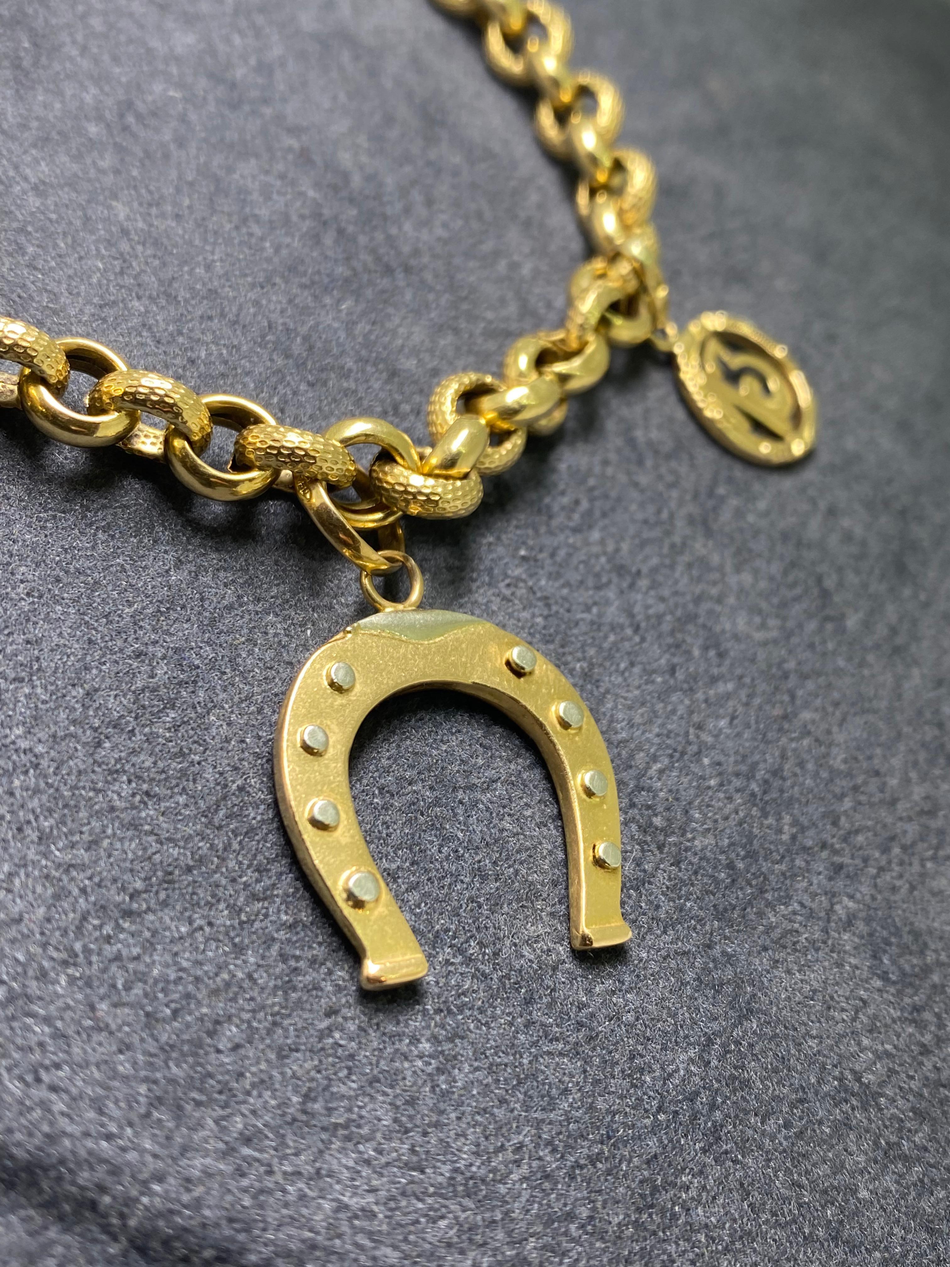Round Cut 18k Yellow Gold Italian Charm Bracelet: Horseshoe, Ball, Disk, Figure 13 Charms
