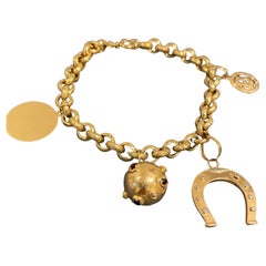 Retro 18k Yellow Gold Italian Charm Bracelet: Horseshoe, Ball, Disk, Figure 13 Charms