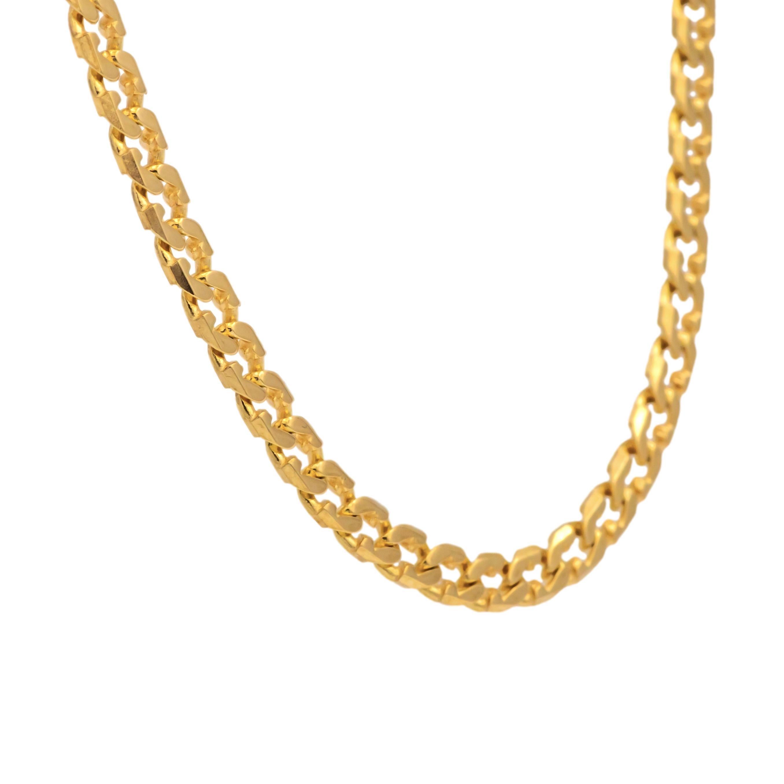 Questa collana con maglie a cordoncino in oro giallo 18 carati è realizzata in Italia e misura 23,5 pollici di lunghezza e 3 mm di larghezza. È dotato di una resistente chiusura a moschettone per indossarlo in tutta sicurezza e reca il marchio