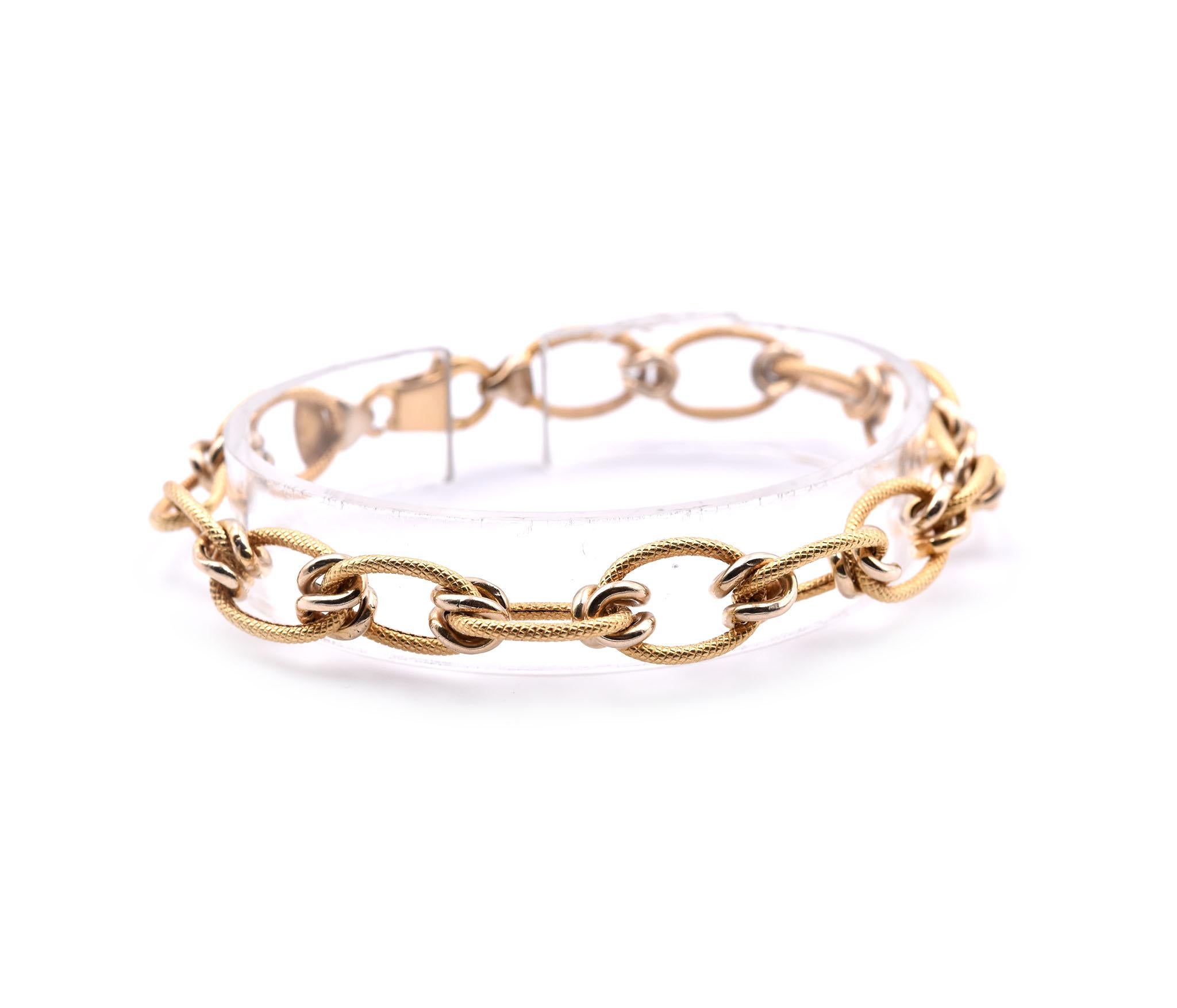 18k Yellow Gold Italian Designed “Creazioni” Textured Oval Link Bracelet
Designer: Creazioni
Material: 18k yellow gold
Dimensions: bracelet is 7.5-inches long and measures 9.70mm in width
Weight: 8.87 grams