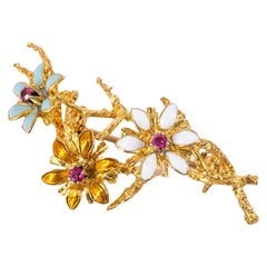 18K Yellow Gold Italian Floral Brooch with Enamel Leaves & Rubies