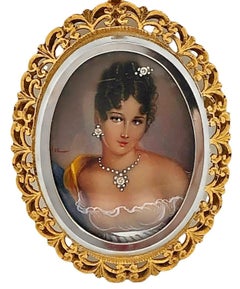 18K Yellow Gold Italian Hand Painted Portrait Pendant / Brooch with Diamonds