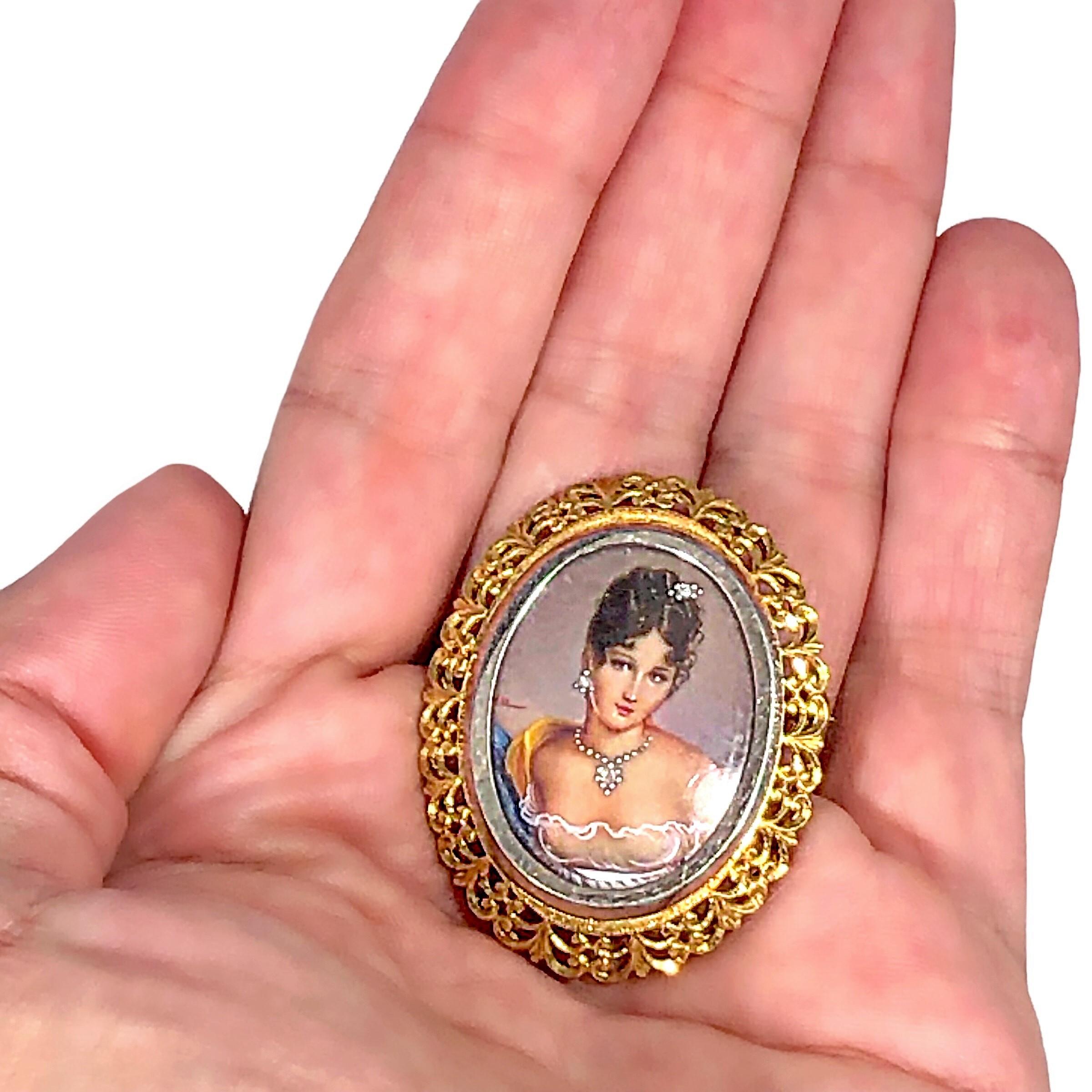 Victorian 18K Yellow Gold Italian Hand Painted Portrait Pendant / Brooch with Diamonds For Sale