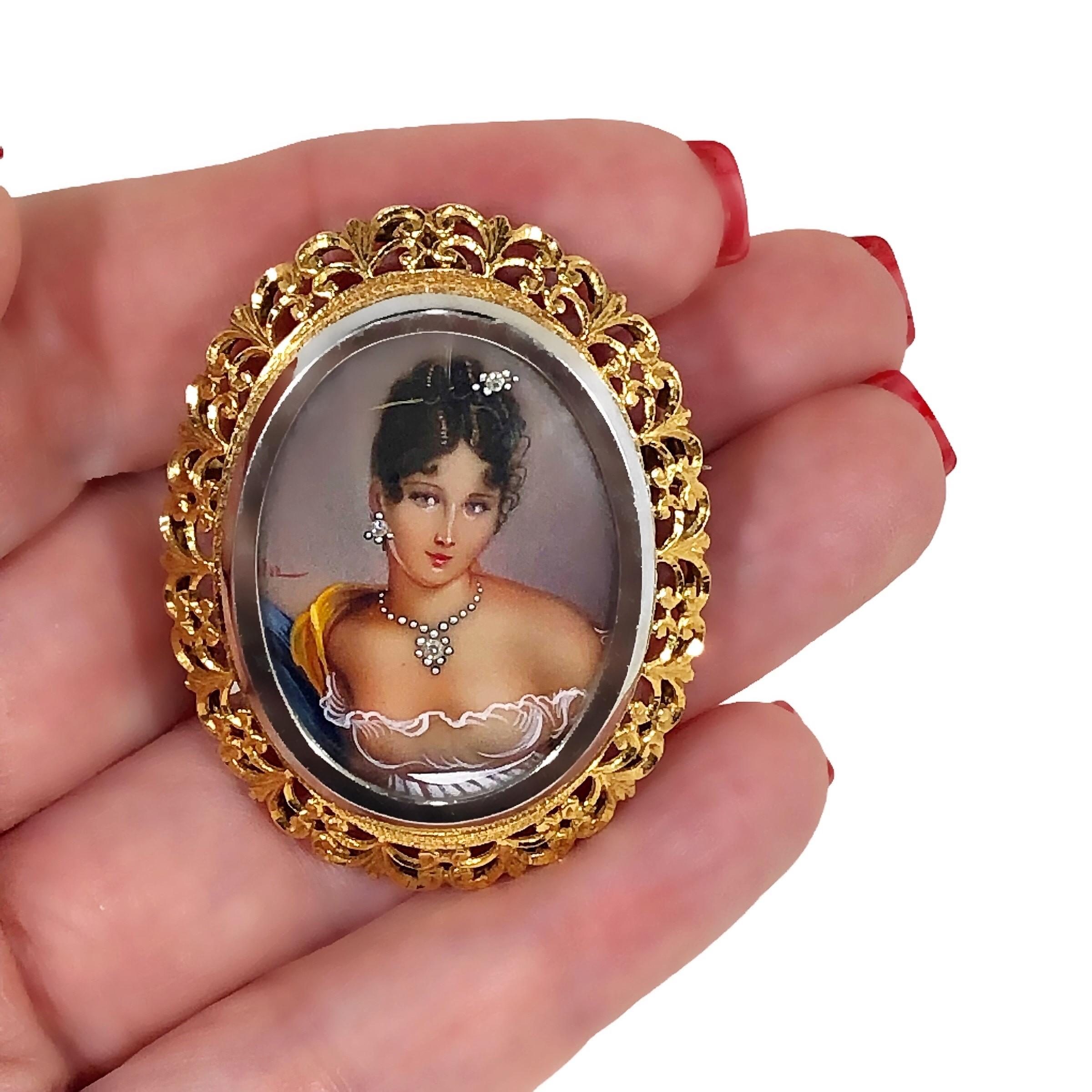 Single Cut 18K Yellow Gold Italian Hand Painted Portrait Pendant / Brooch with Diamonds For Sale