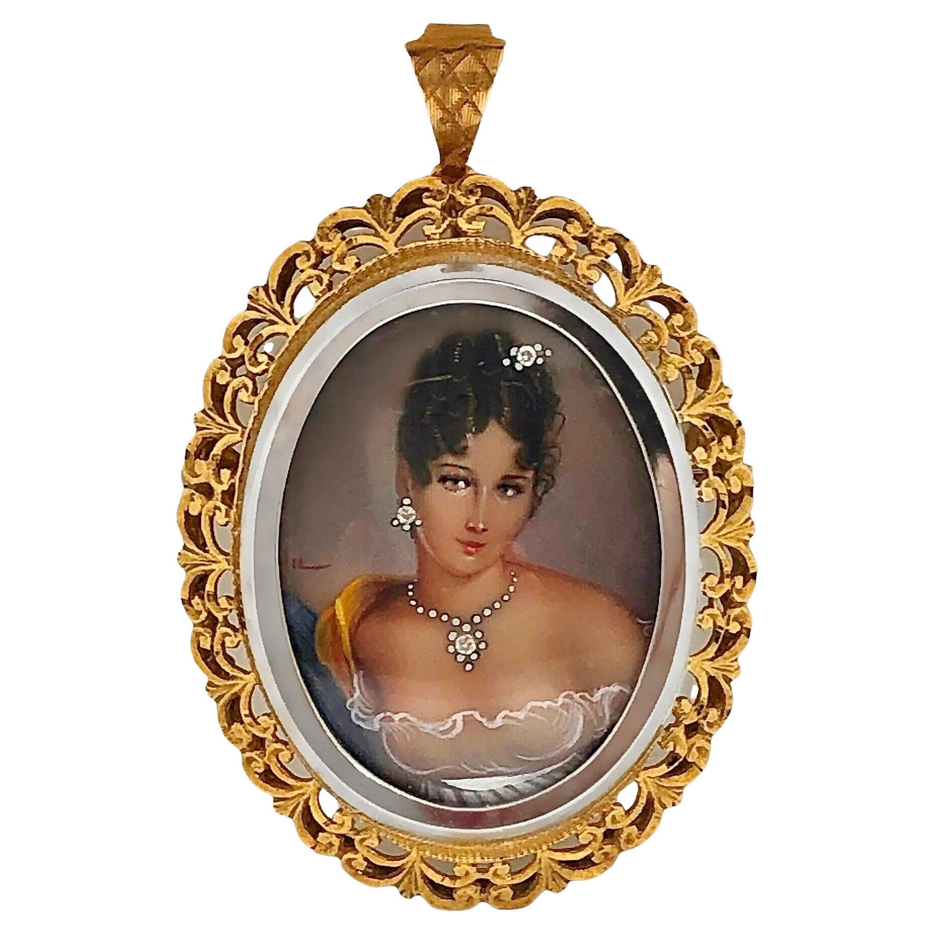 18K Yellow Gold Italian Hand Painted Portrait Pendant / Brooch with Diamonds