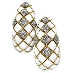 18K Yellow Gold Italian White Enamel and Diamond Earrings