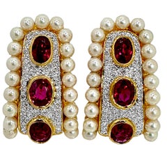 18K Yellow Gold J Hoop Earrings with Rubies and Diamonds Bordered with Pearls