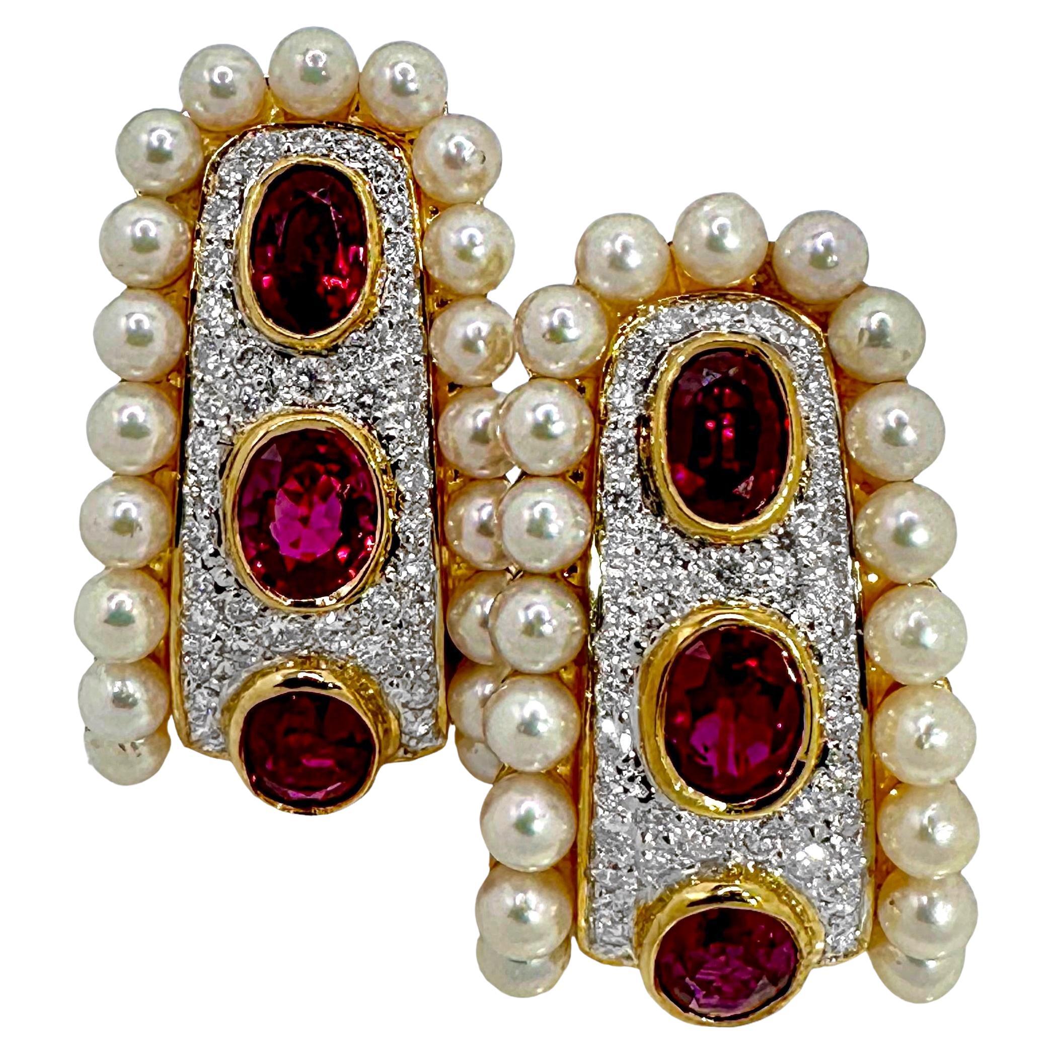18K Yellow Gold J Hoop Earrings with Rubies and Diamonds Bordered with Pearls