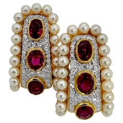 18K Yellow Gold J Hoop Earrings with Rubies and Diamonds Bordered with Pearls