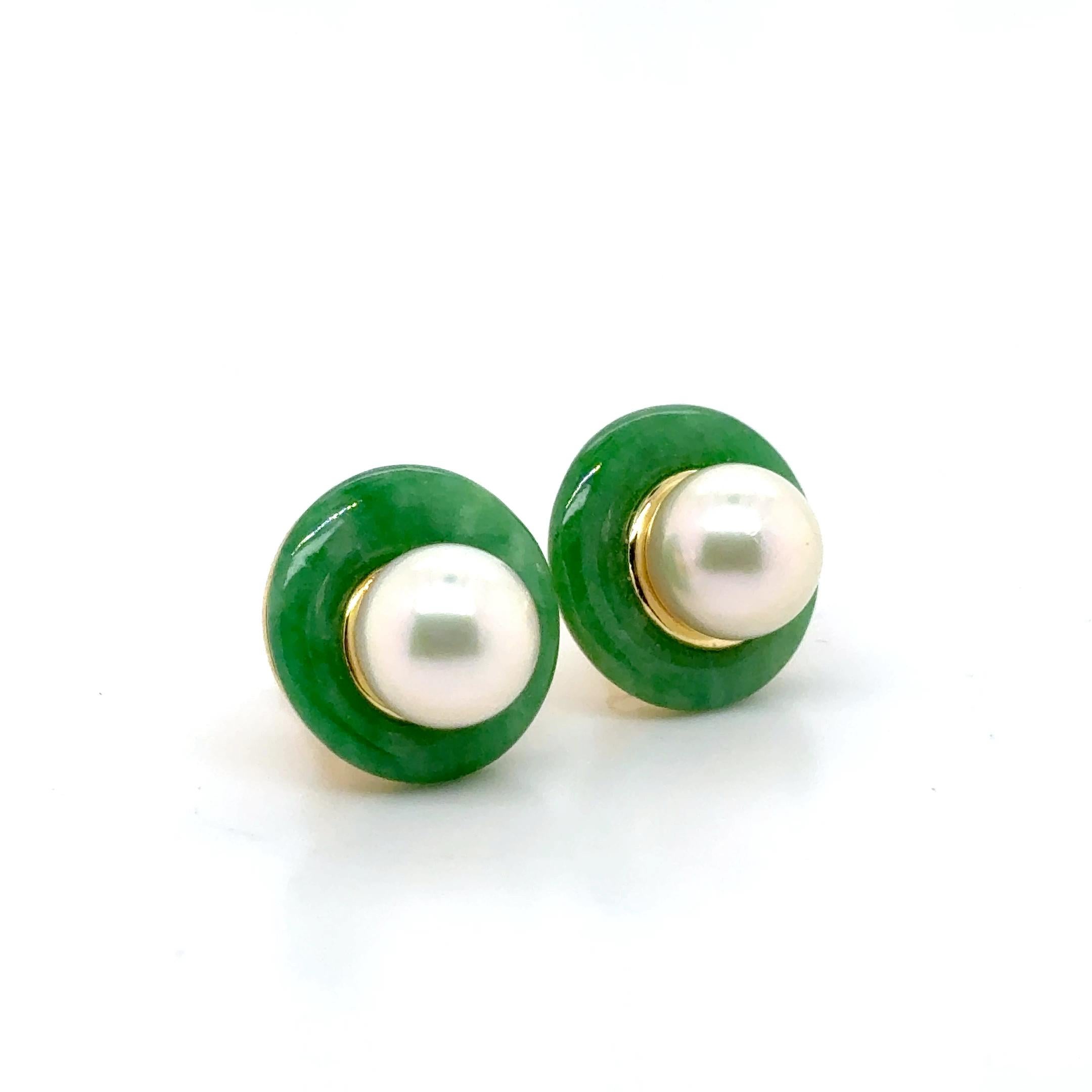 Boucles d'oreilles en or jaune 18k Jade et perles en vente 6
