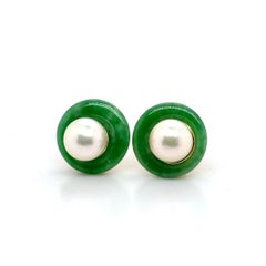18k Yellow Gold Jade and Pearl Earrings