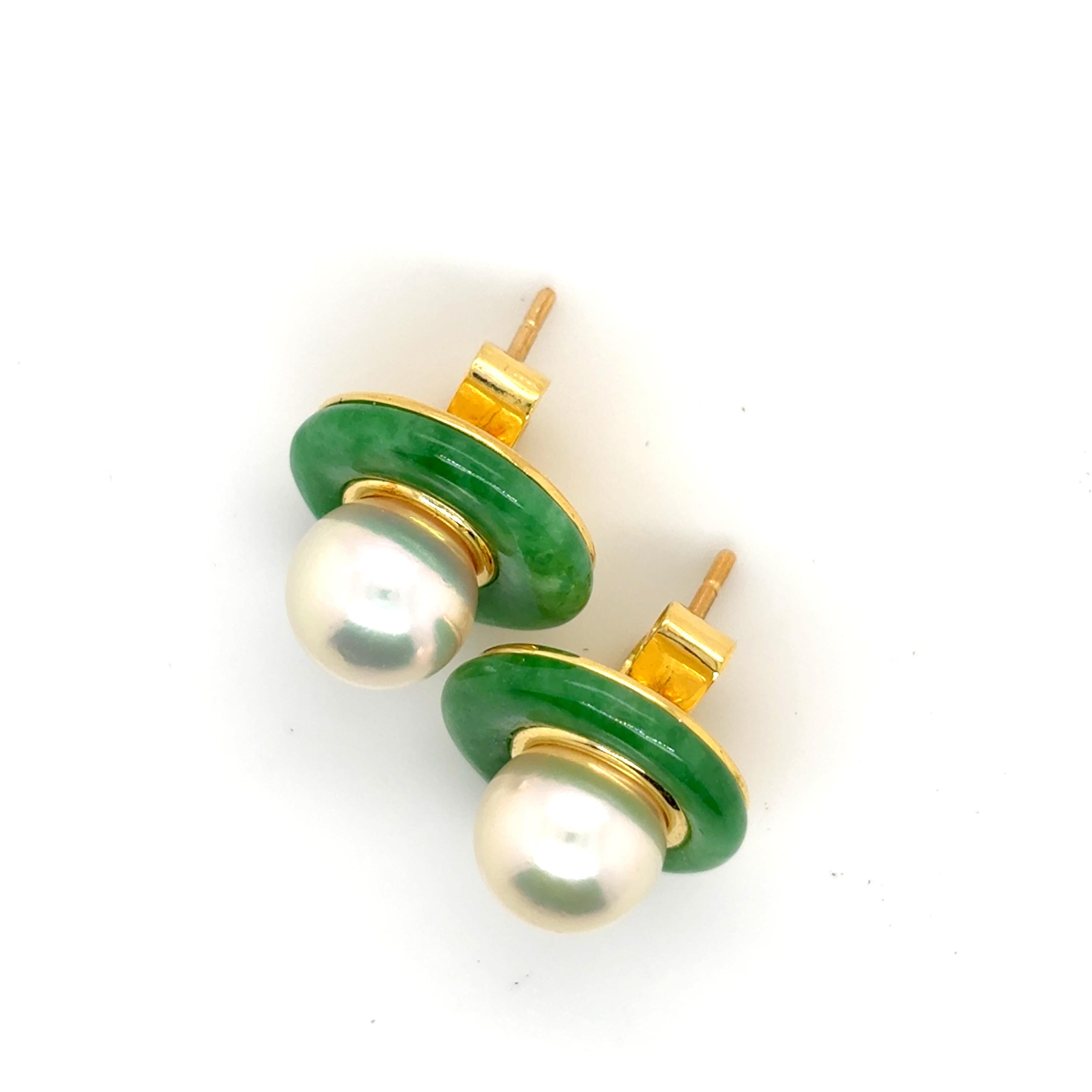 Boucles d'oreilles en or jaune 18k Jade et perles Neuf - En vente à Hong Kong, HK