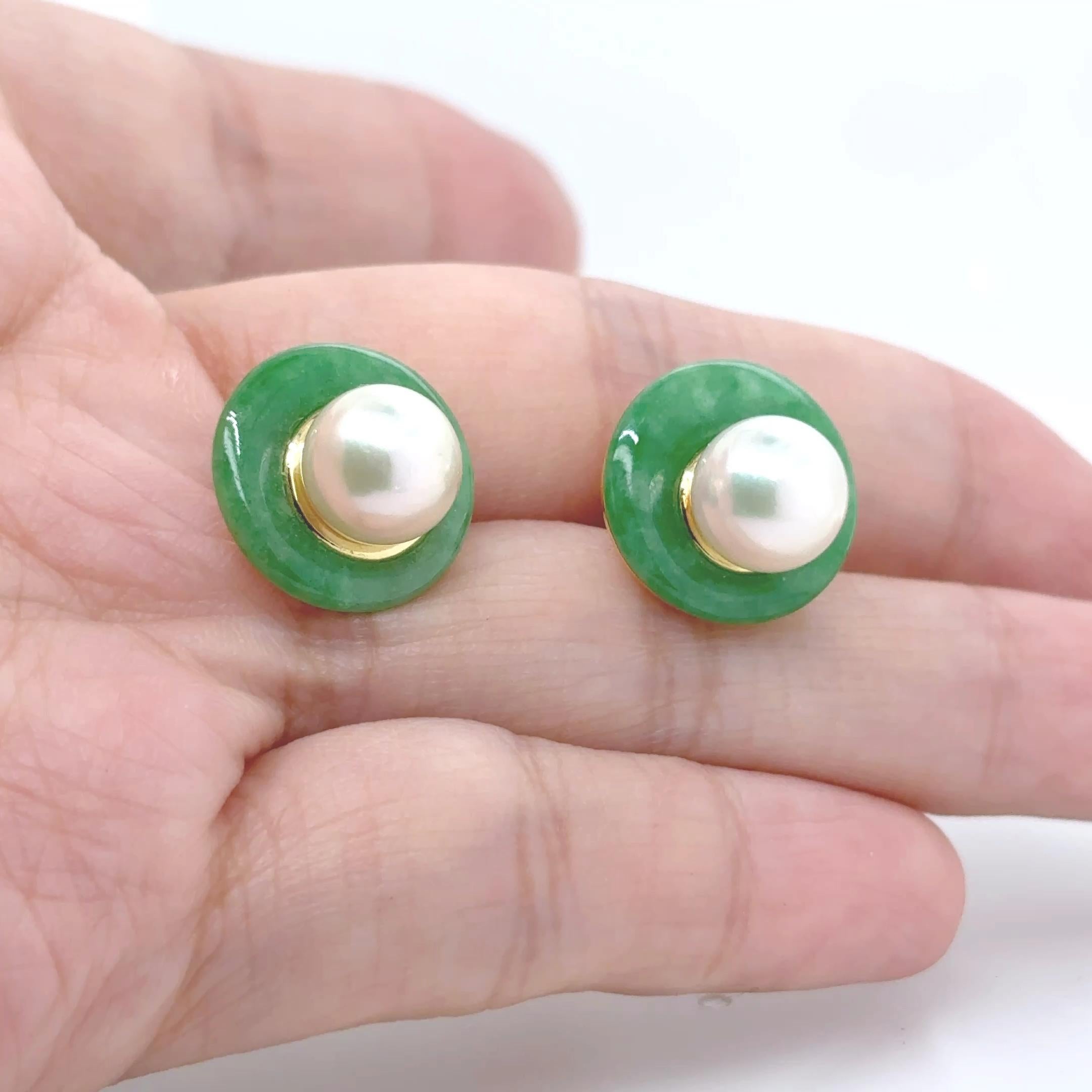 Boucles d'oreilles en or jaune 18k Jade et perles Unisexe en vente