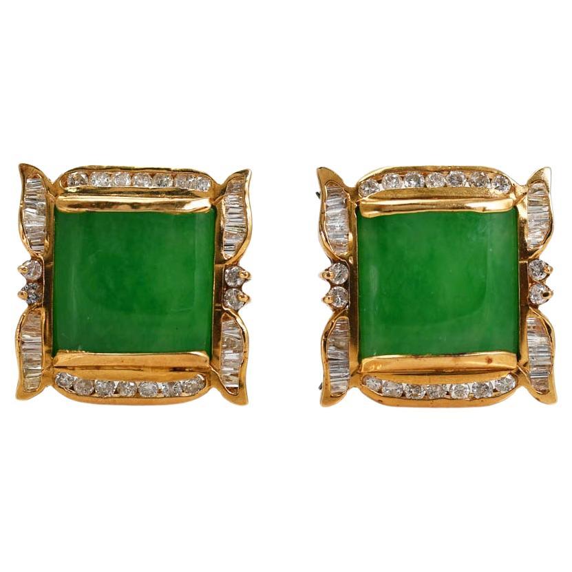 18k Yellow Gold Jade & Diamond Earrings, 1.00tdw, 14.4g For Sale