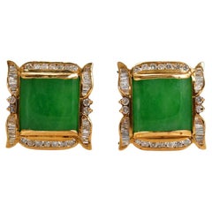 Vintage 18k Yellow Gold Jade & Diamond Earrings, 1.00tdw, 14.4g