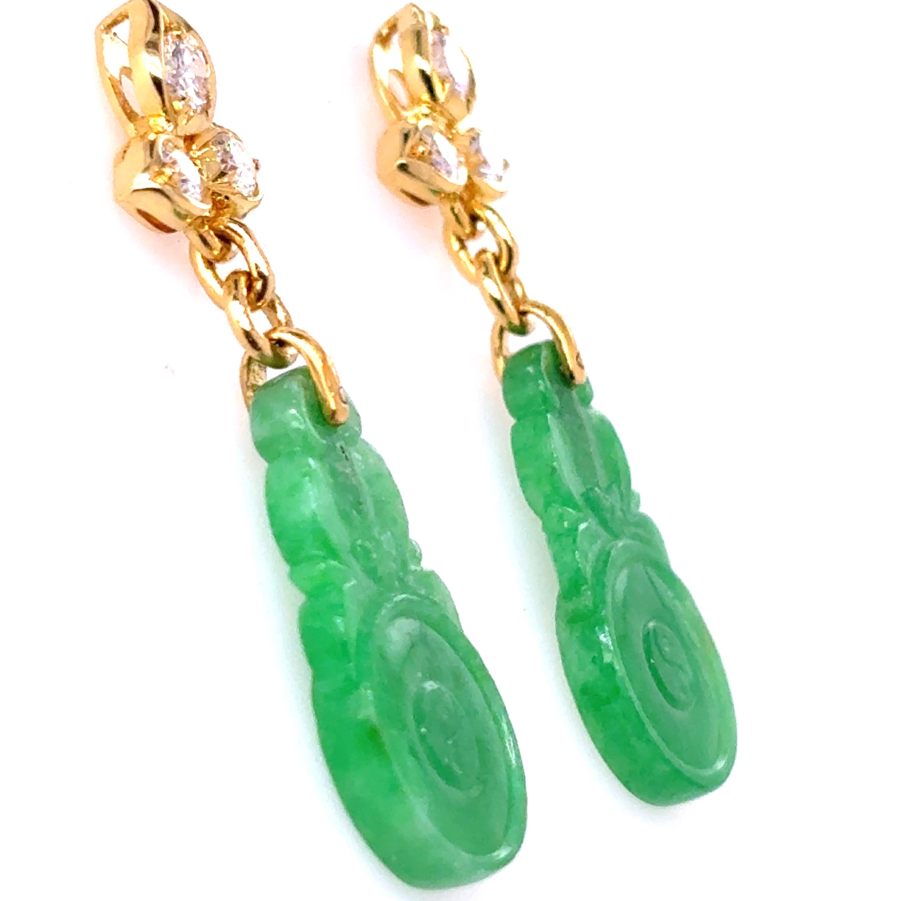 Boucles d'oreilles en or jaune 18k Jade Feuille Diamant en vente 4