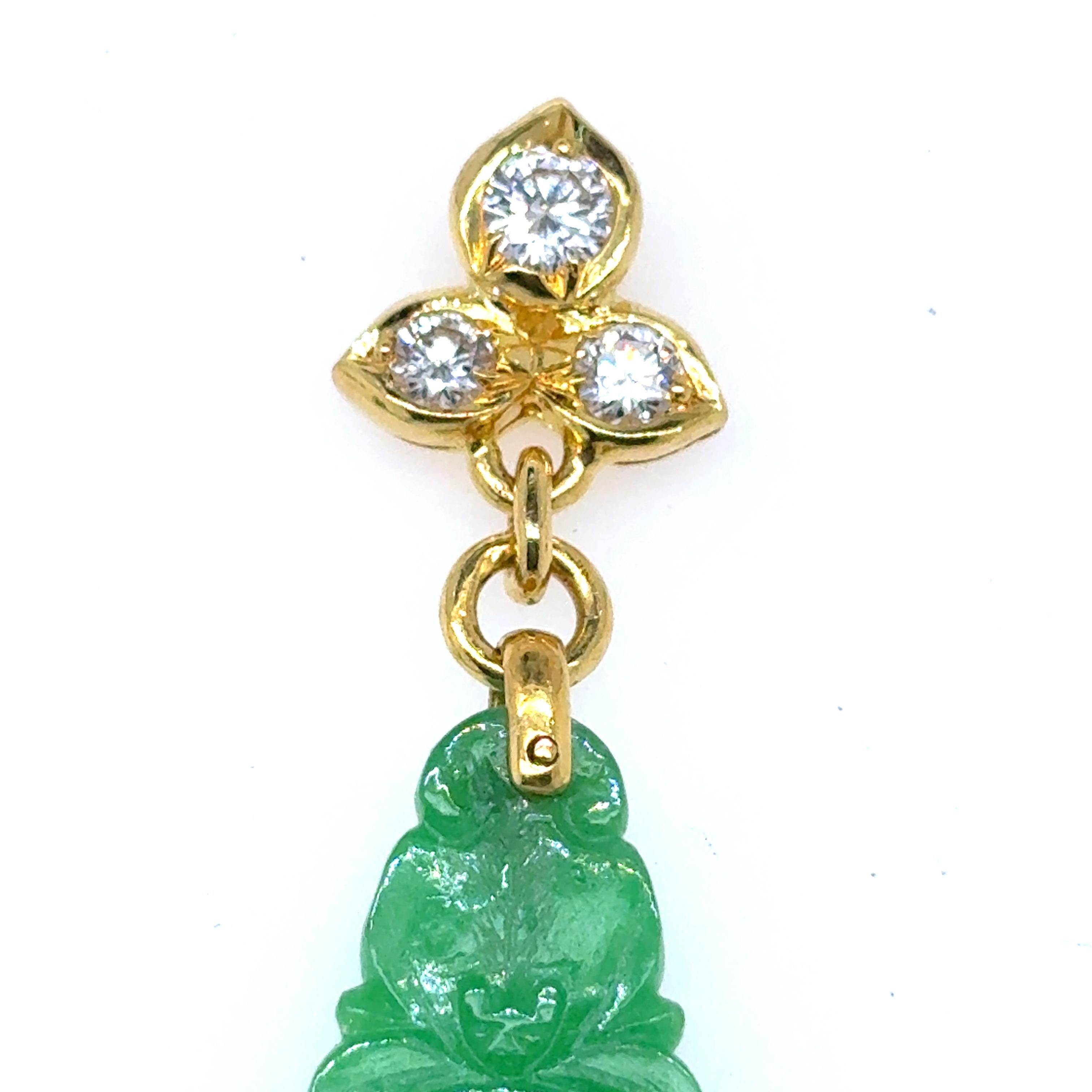 Boucles d'oreilles en or jaune 18k Jade Feuille Diamant en vente 6