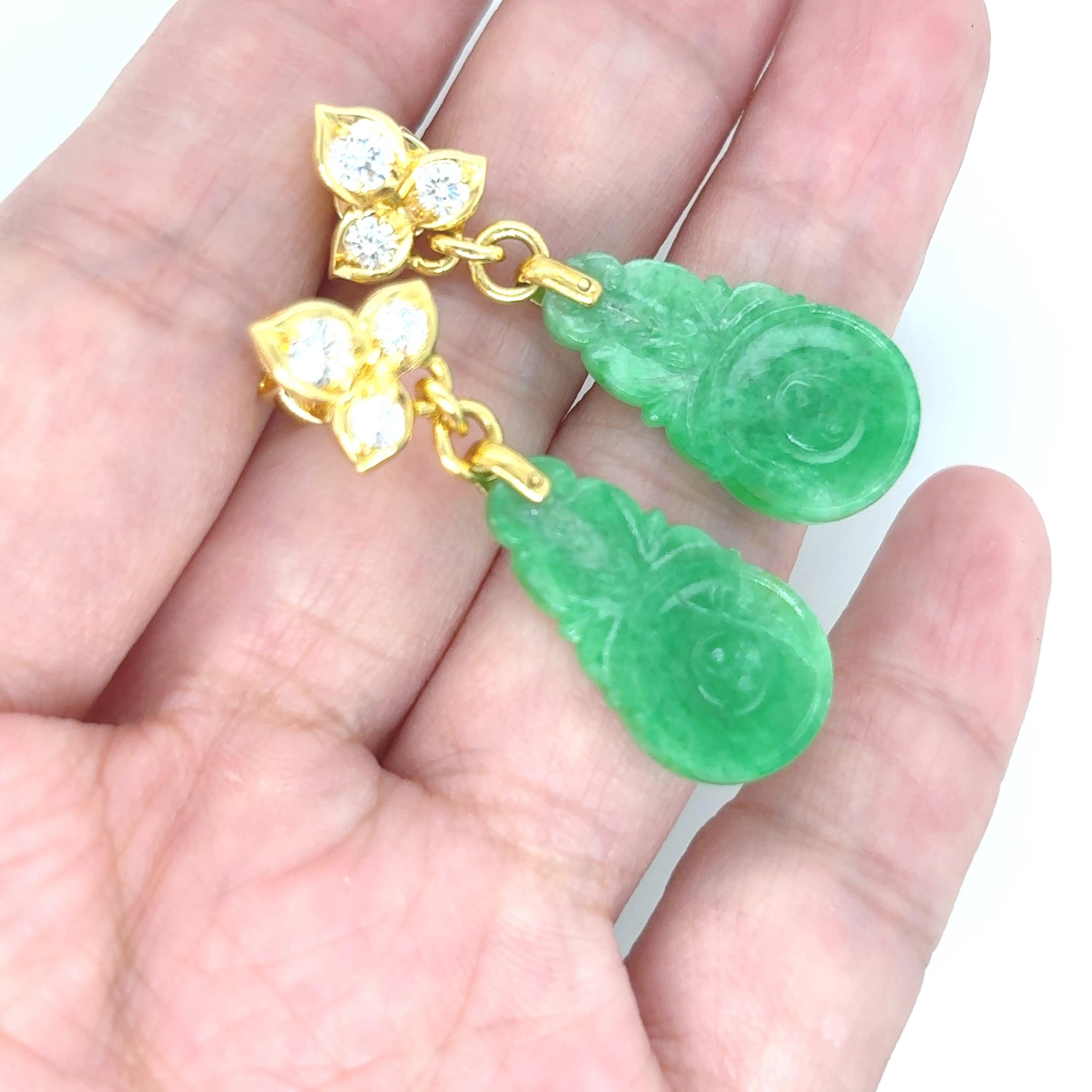 Boucles d'oreilles en or jaune 18k Jade Feuille Diamant en vente 9