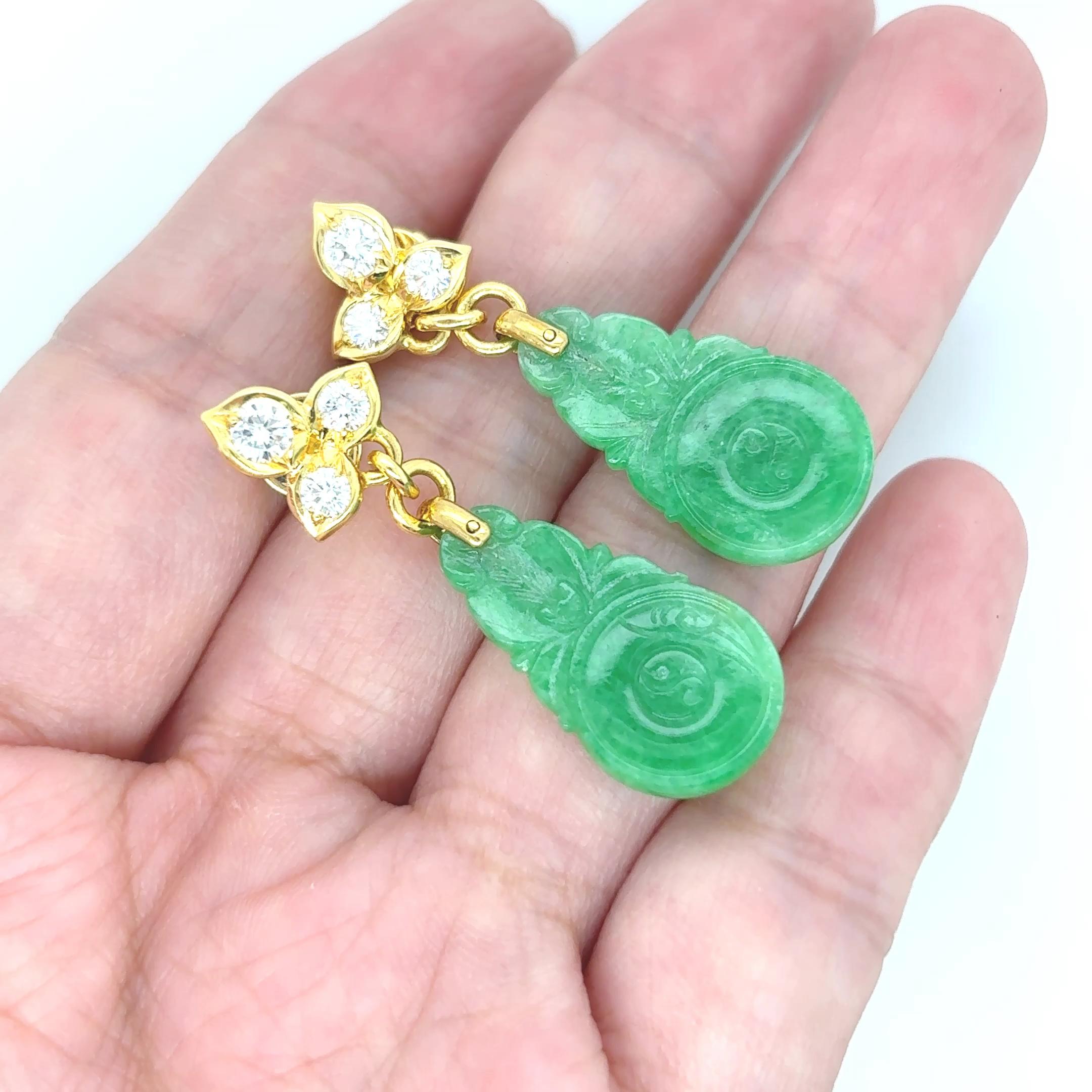 Boucles d'oreilles en or jaune 18k Jade Feuille Diamant en vente 10