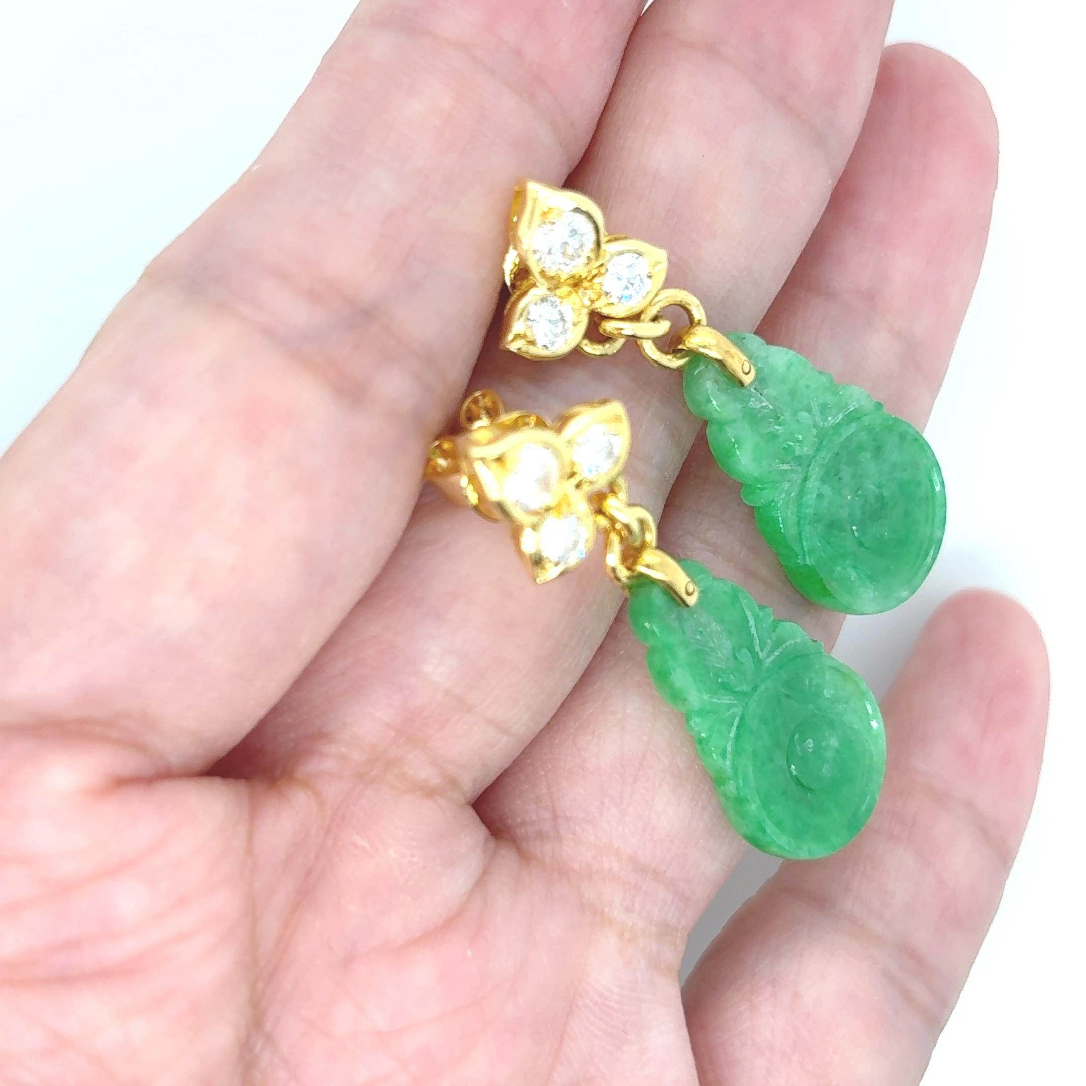 Boucles d'oreilles en or jaune 18k Jade Feuille Diamant en vente 11