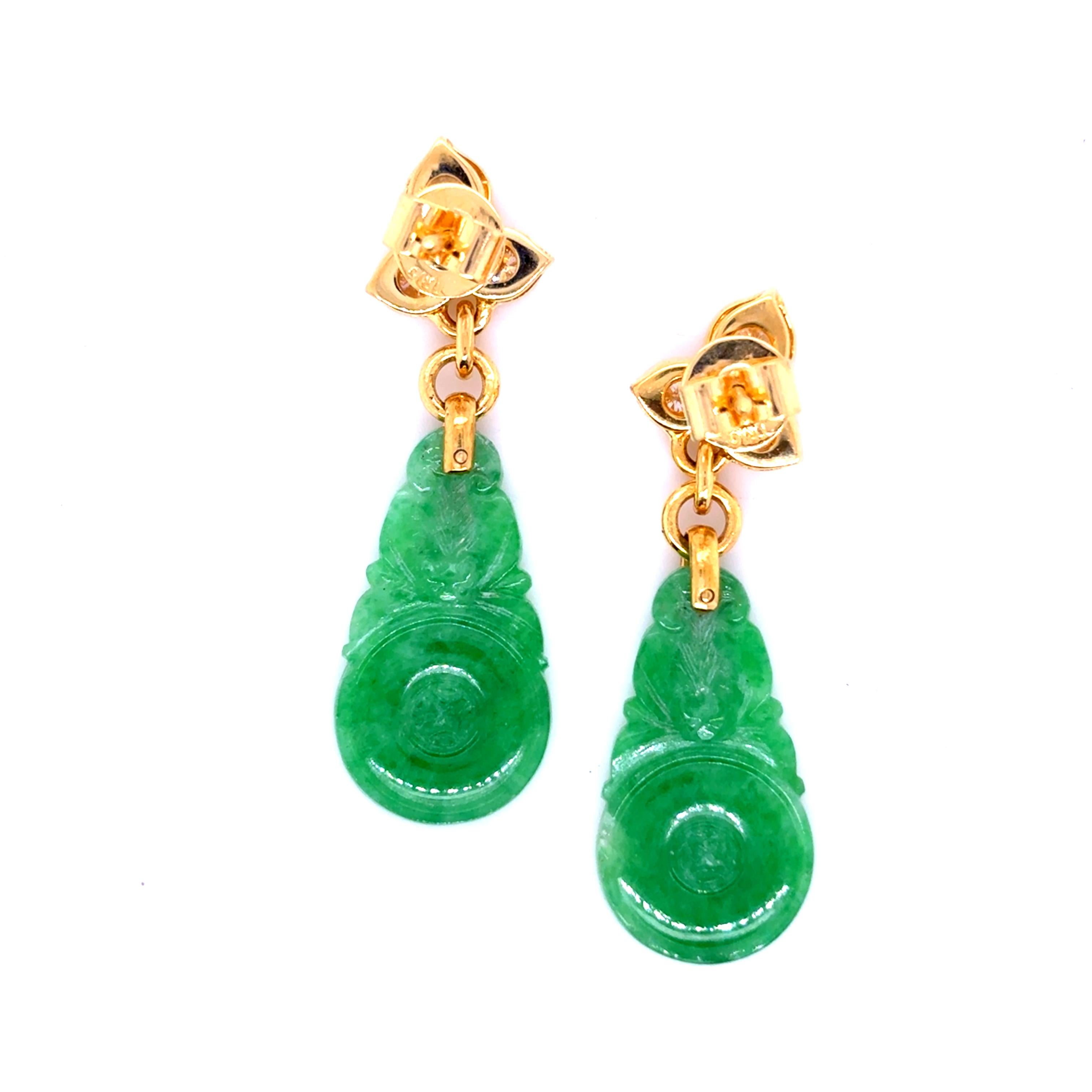 Boucles d'oreilles en or jaune 18k Jade Feuille Diamant Unisexe en vente