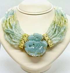 18K Yellow Gold & Jadeite Jade 16 Strand Necklace with Removable Pendant Brooch