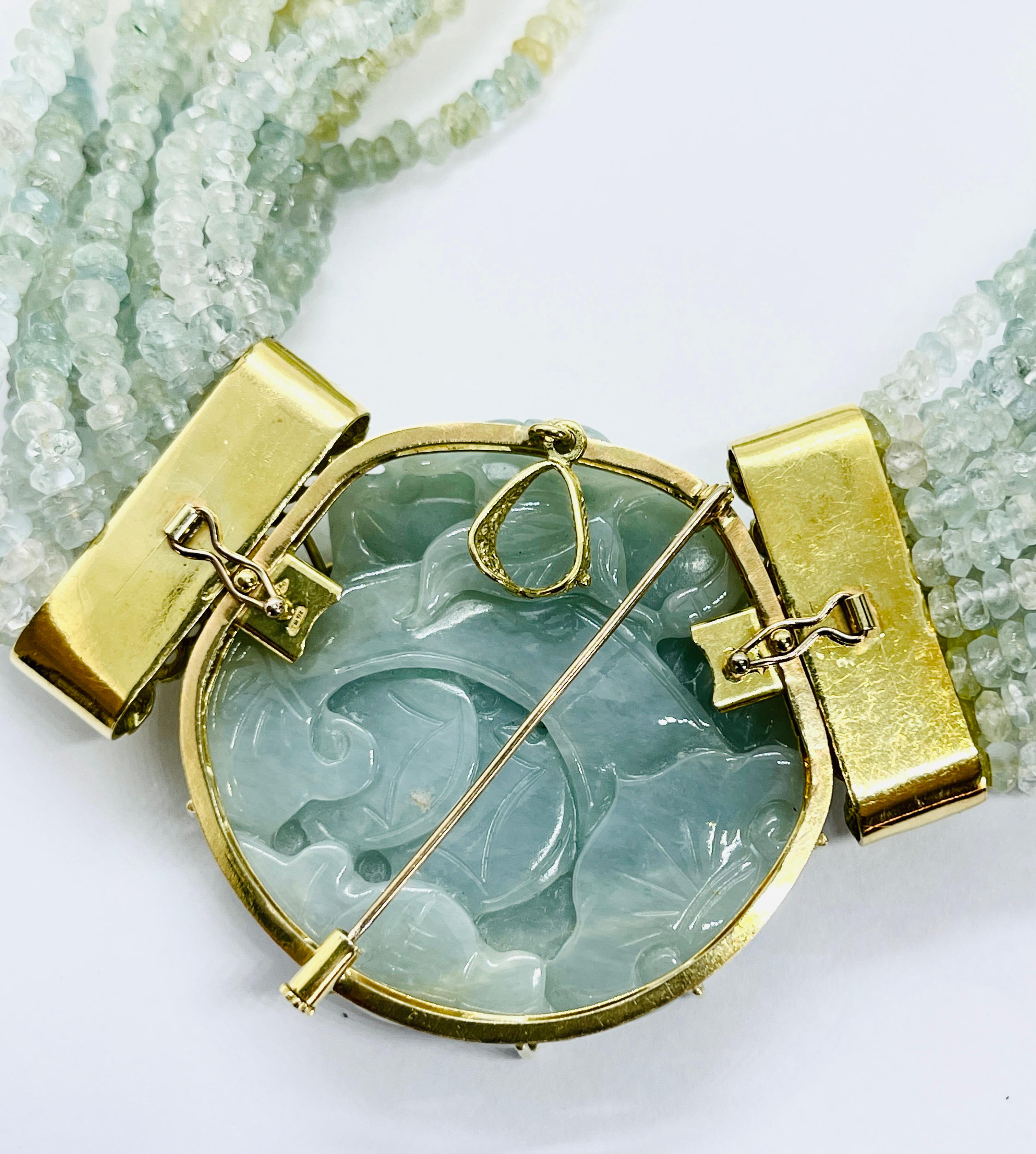 18K Yellow Gold & Jadeite Jade 16 Strand Necklace with Removable Pendant Brooch For Sale 1
