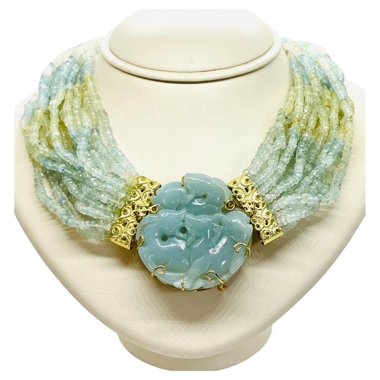 18K Yellow Gold and Jadeite Jade 16 Strand Necklace with Removable