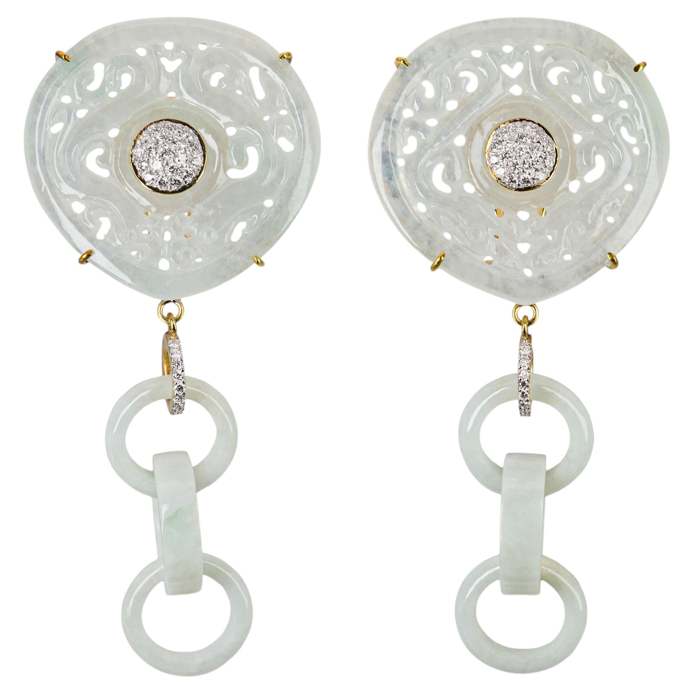 18k Yellow Gold Jadeite Jade and Diamond Dangle Earrings For Sale