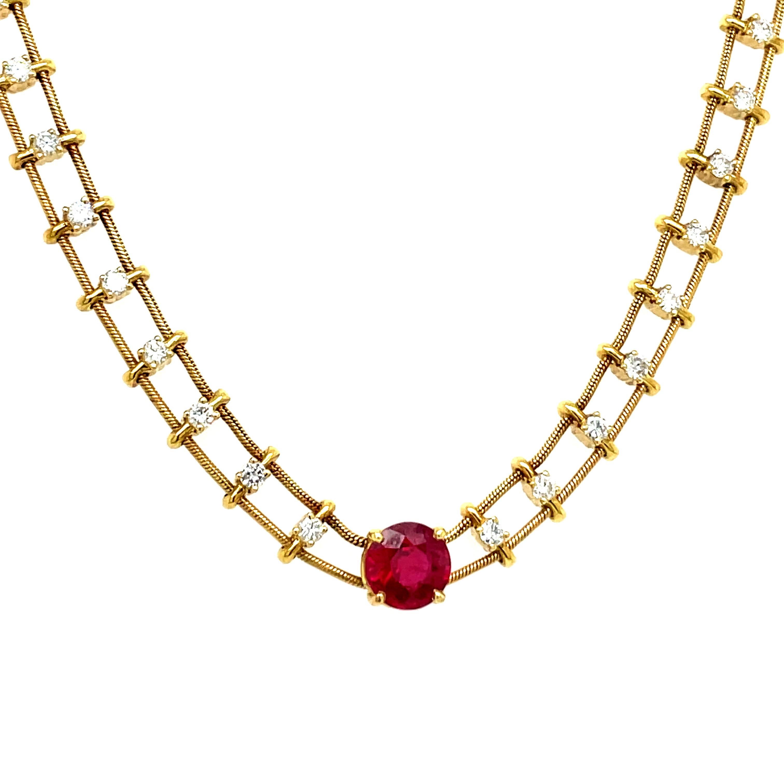 Round Cut 18k Yellow Gold Jose Hess Burmese Ruby and Diamond Necklace For Sale