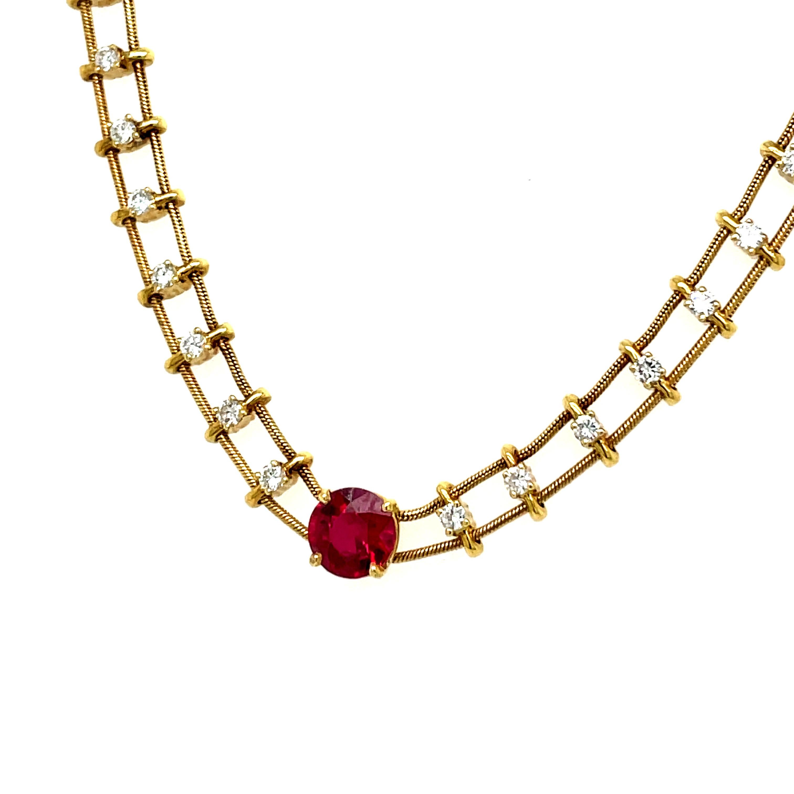 18k Yellow Gold Jose Hess Burmese Ruby and Diamond Necklace In New Condition For Sale In Boston, MA