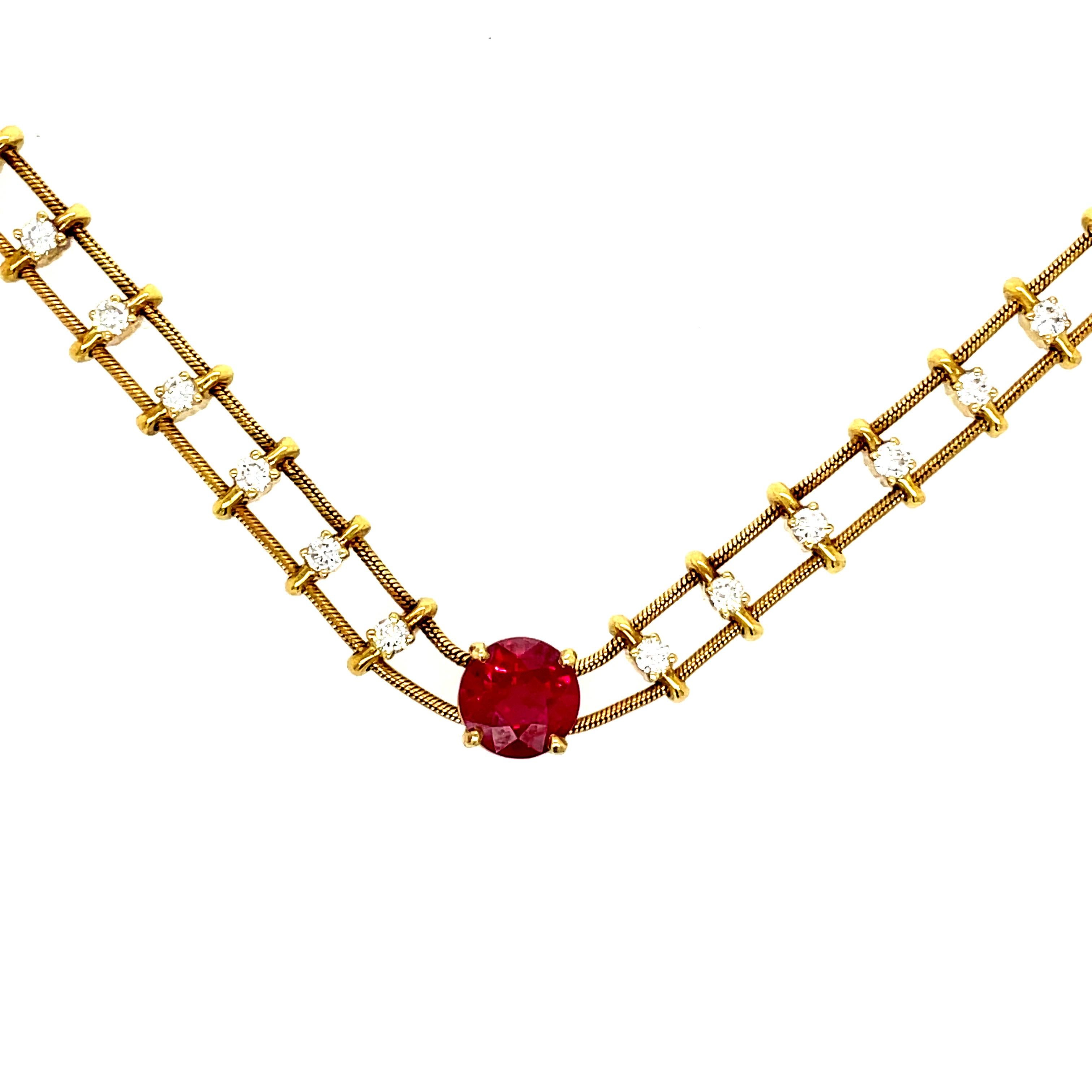 Women's 18k Yellow Gold Jose Hess Burmese Ruby and Diamond Necklace For Sale