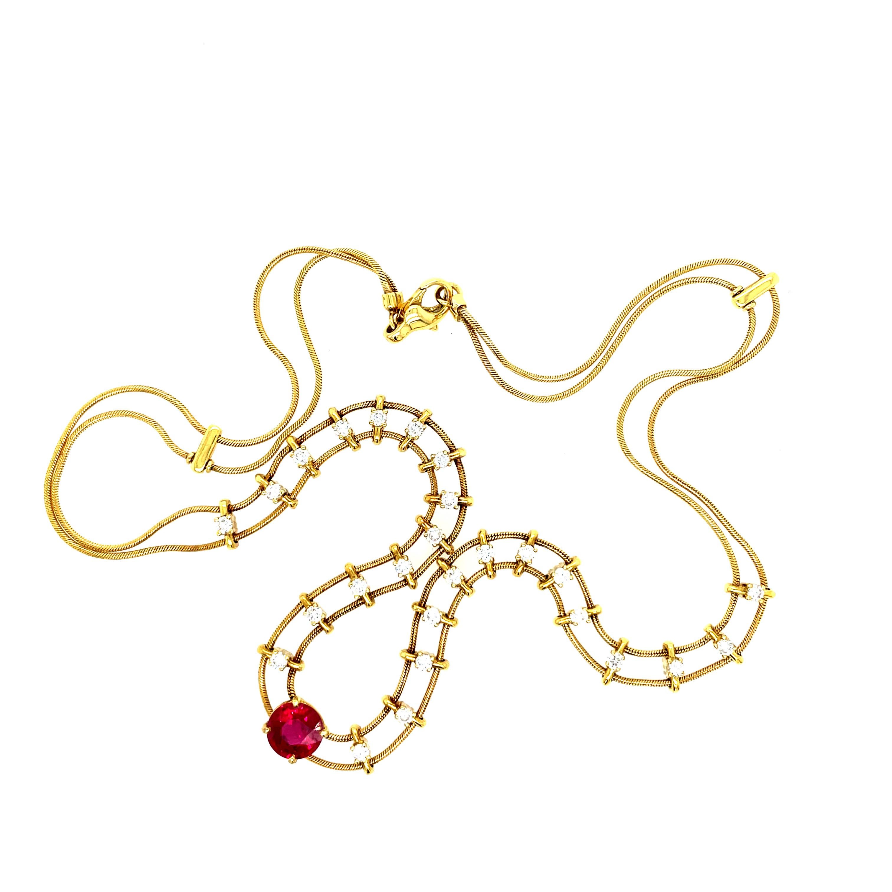 18k Yellow Gold Jose Hess Burmese Ruby and Diamond Necklace For Sale 1