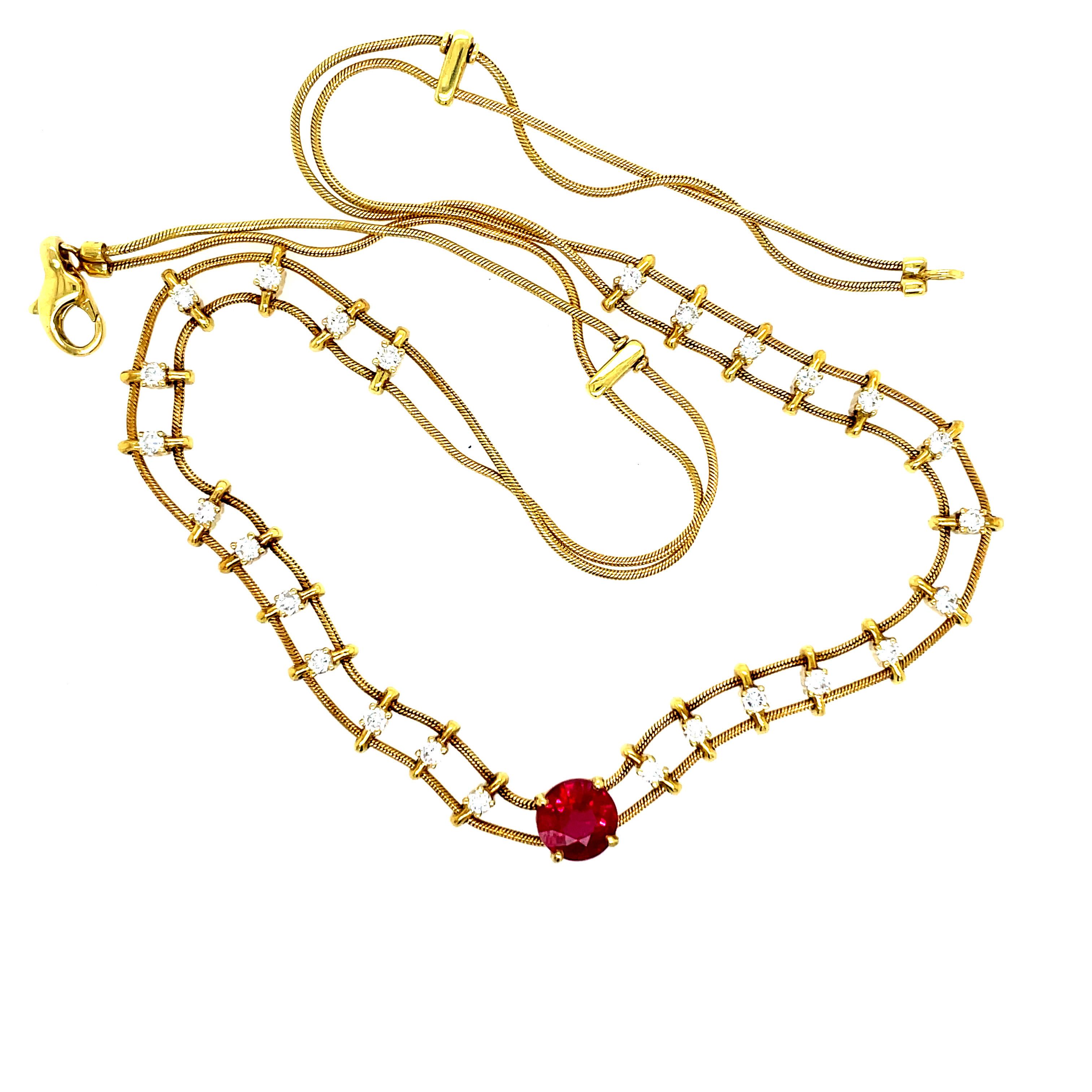 18k Yellow Gold Jose Hess Burmese Ruby and Diamond Necklace For Sale 3