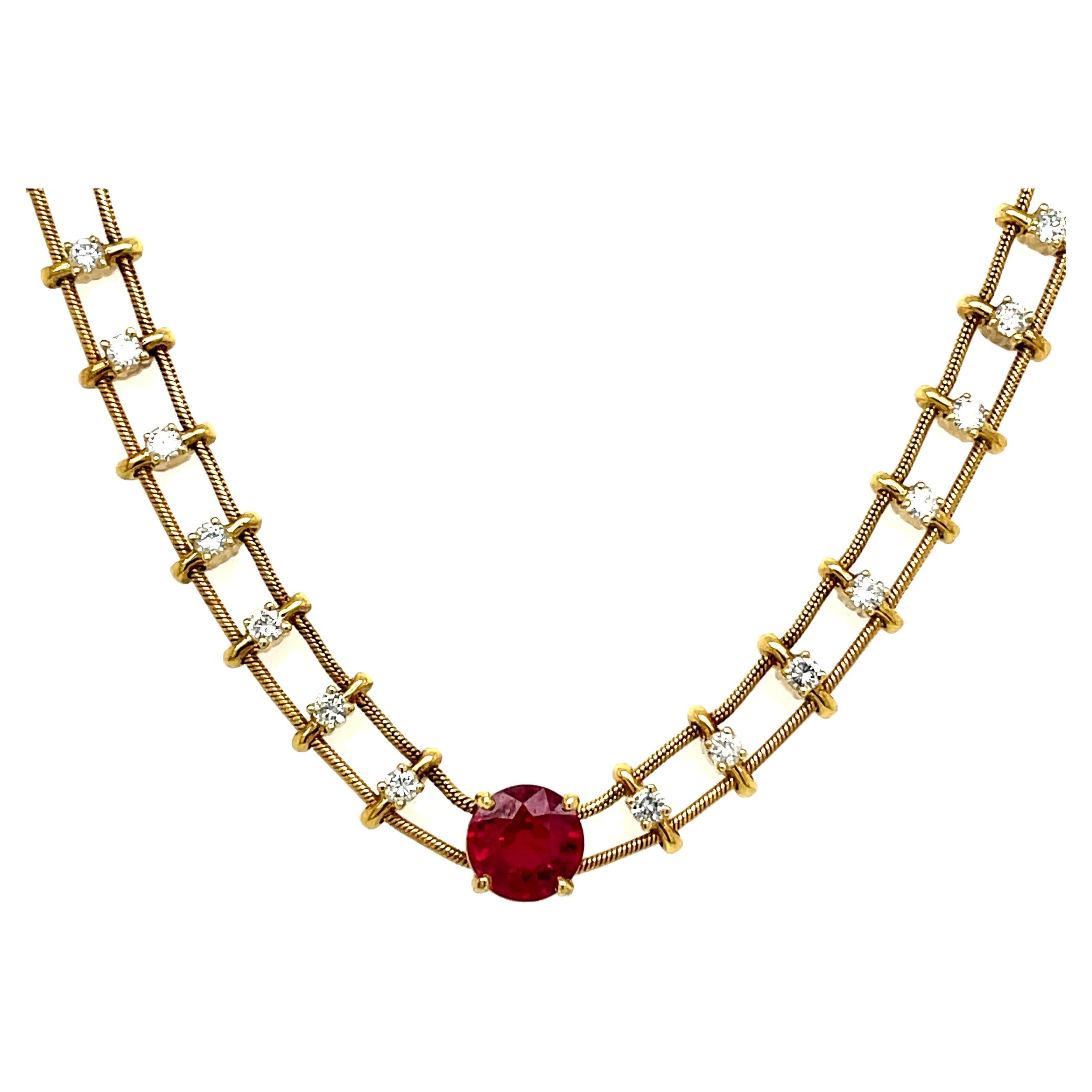 18k Yellow Gold Jose Hess Burmese Ruby and Diamond Necklace For Sale