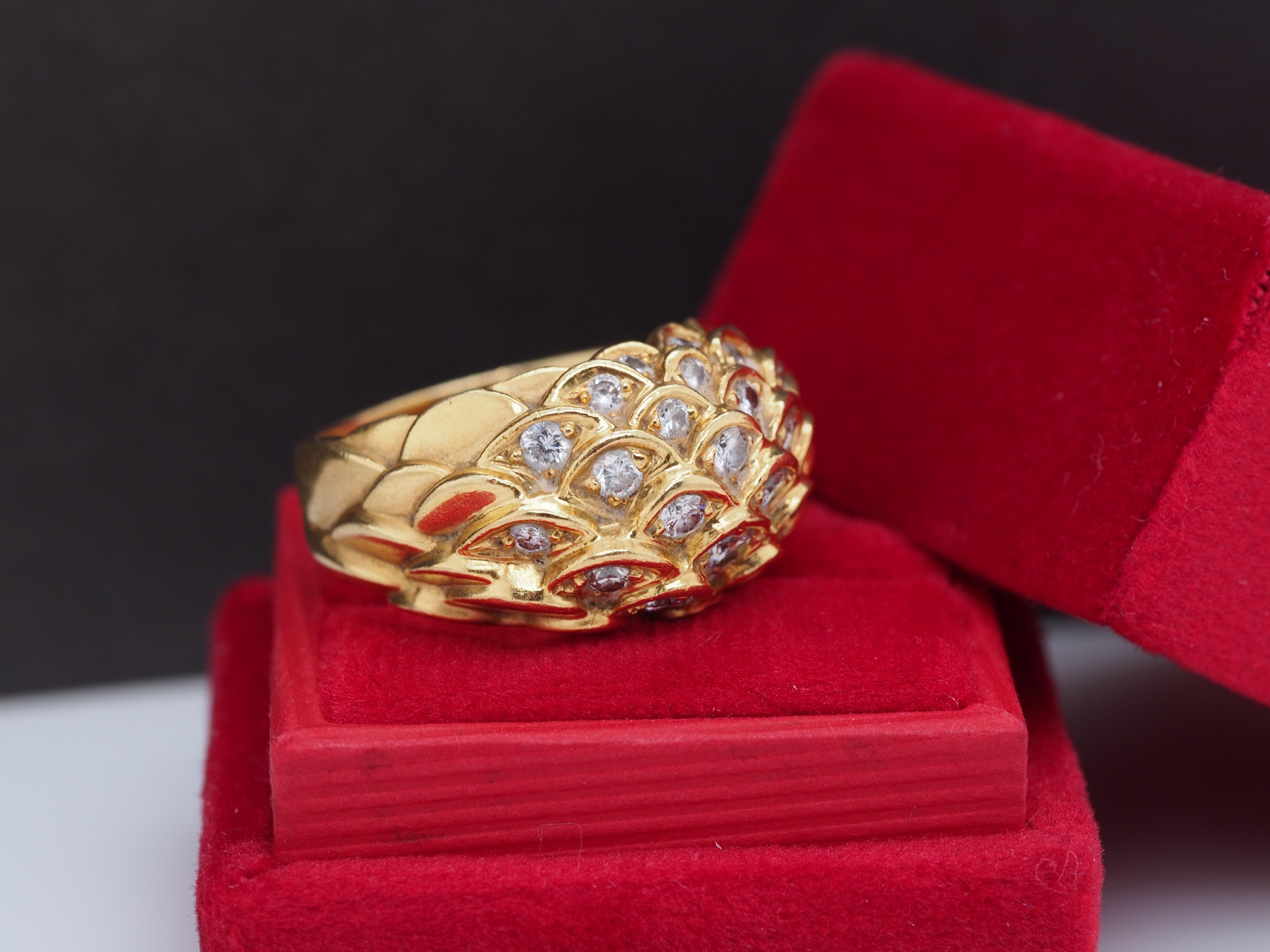 Year: 1990s
Item Details:
Ring Size: 5
Metal Type: 18K Yellow Gold [Hallmarked, and Tested]
Weight: 14 grams
Diamond Details: .50ct total weight, F Color, VS Clarity, Round Brilliant Cut, Natural Diamonds
Band Width: 5.25 mm
Condition: Excellent