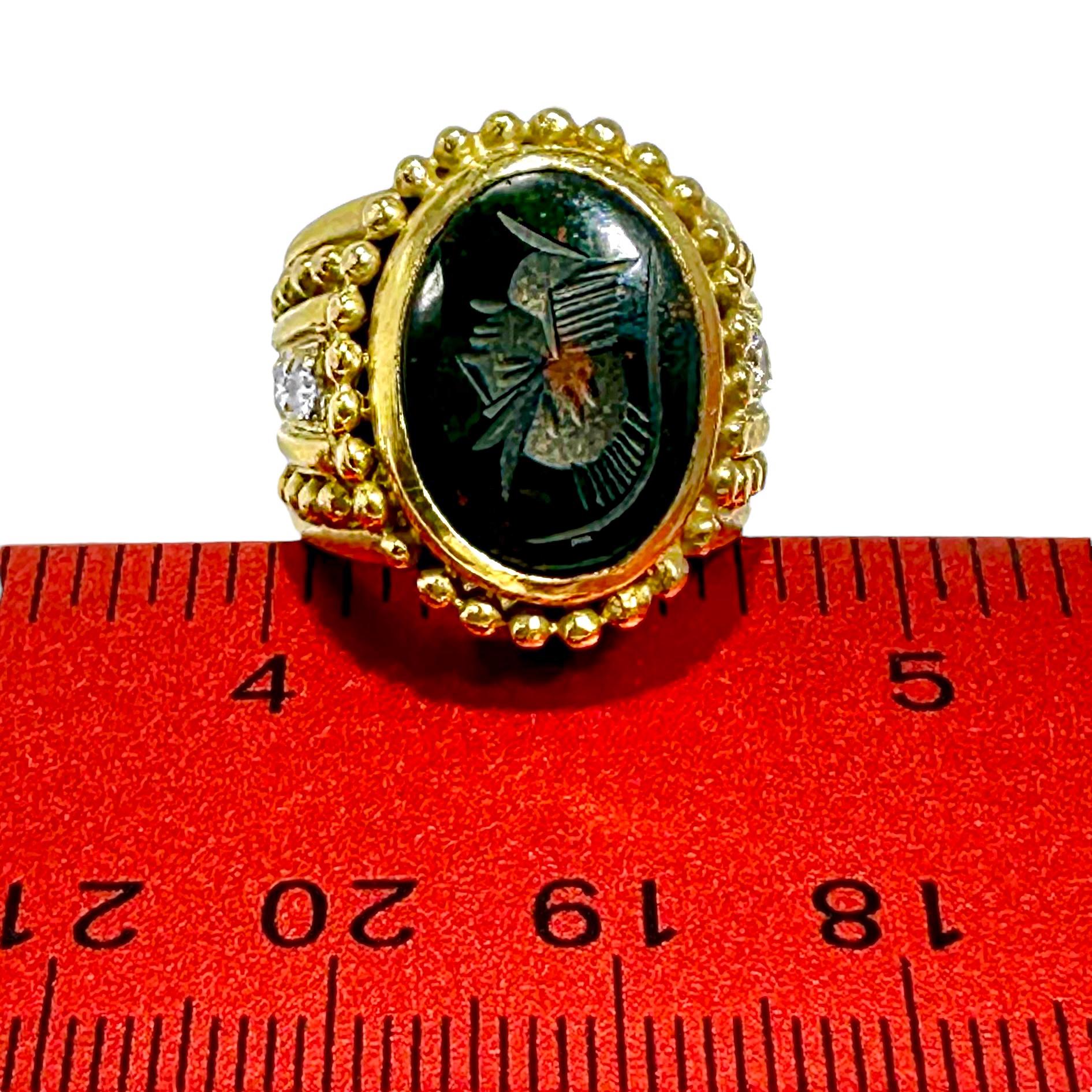 18K Yellow Gold Judith Ripka Bloodstone Intaglio Ring with Diamonds For Sale 4