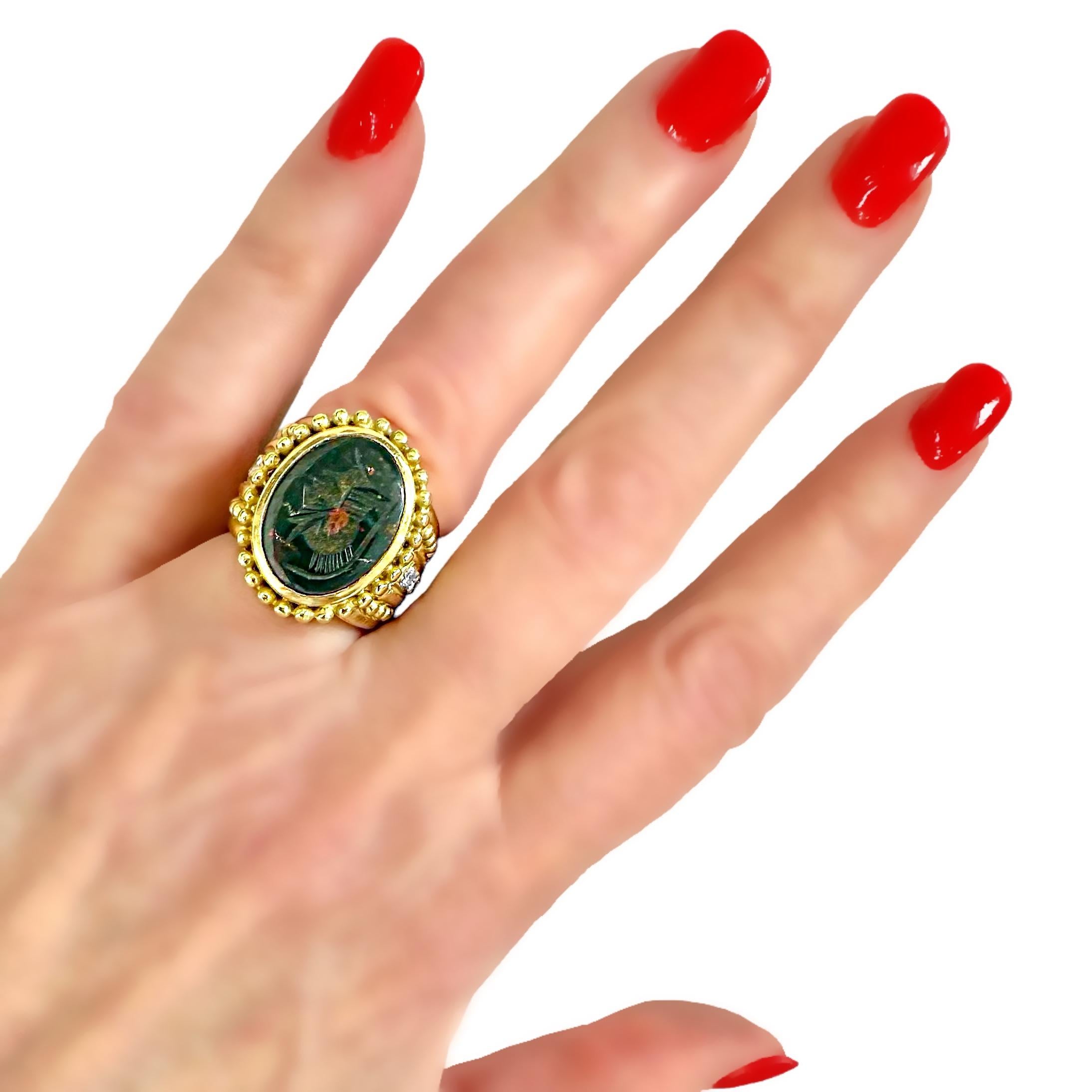 18K Yellow Gold Judith Ripka Bloodstone Intaglio Ring with Diamonds For Sale 6