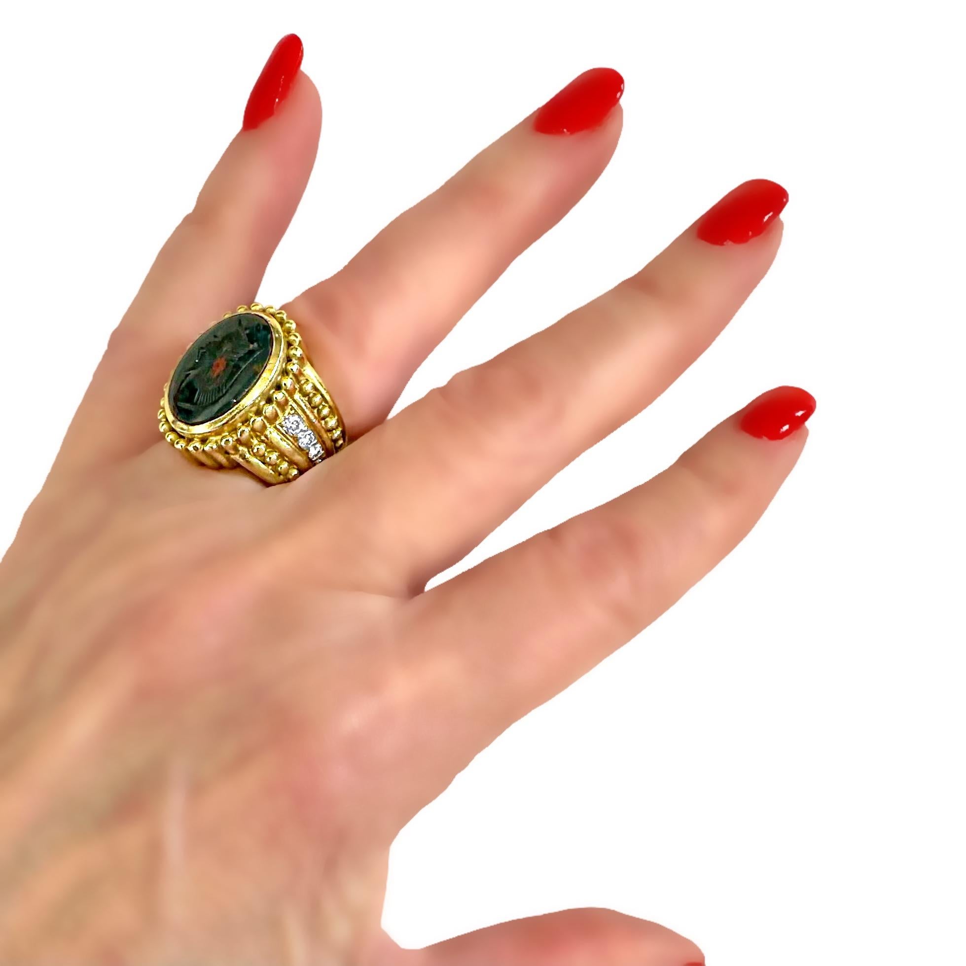 18K Yellow Gold Judith Ripka Bloodstone Intaglio Ring with Diamonds For Sale 7