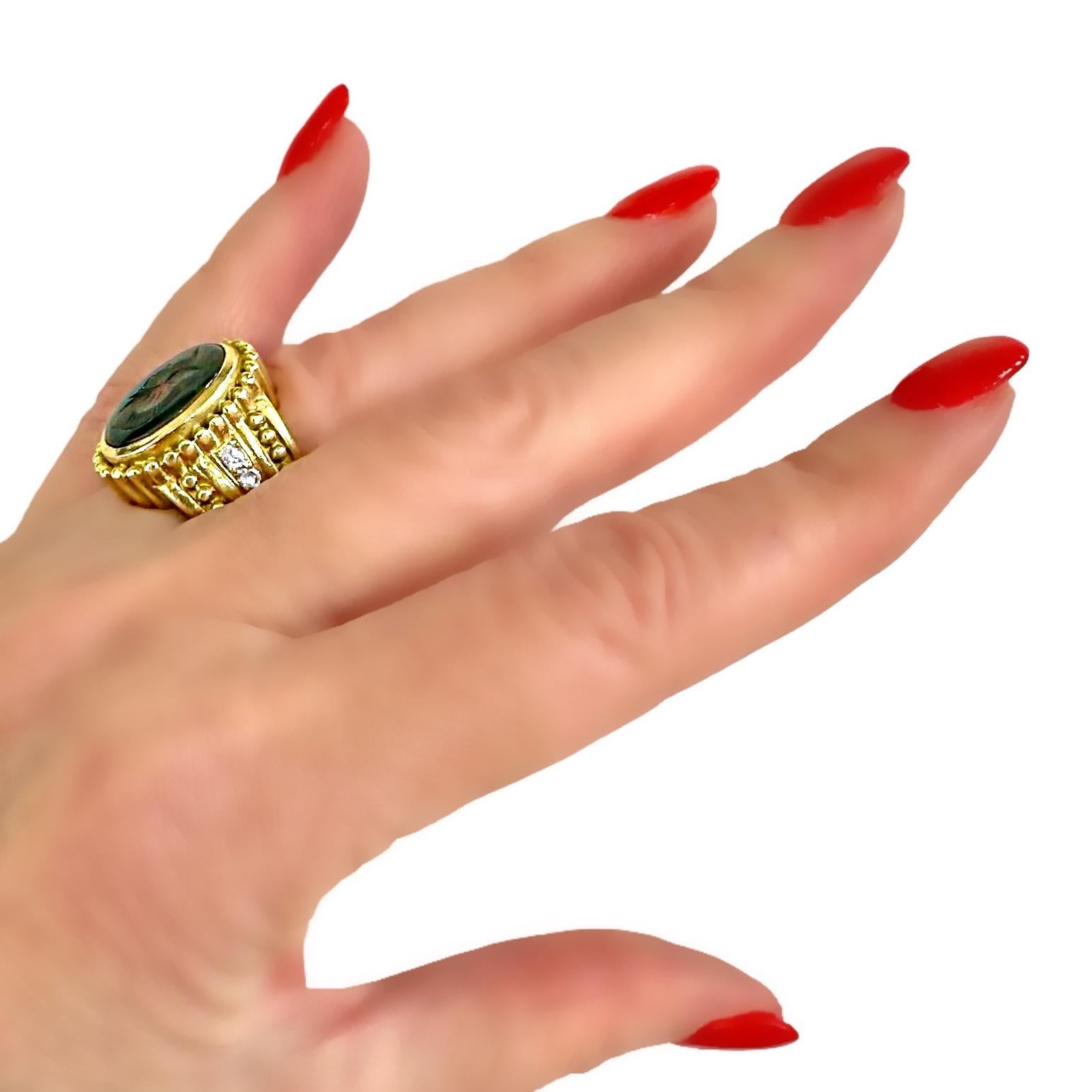 18K Yellow Gold Judith Ripka Bloodstone Intaglio Ring with Diamonds For Sale 8