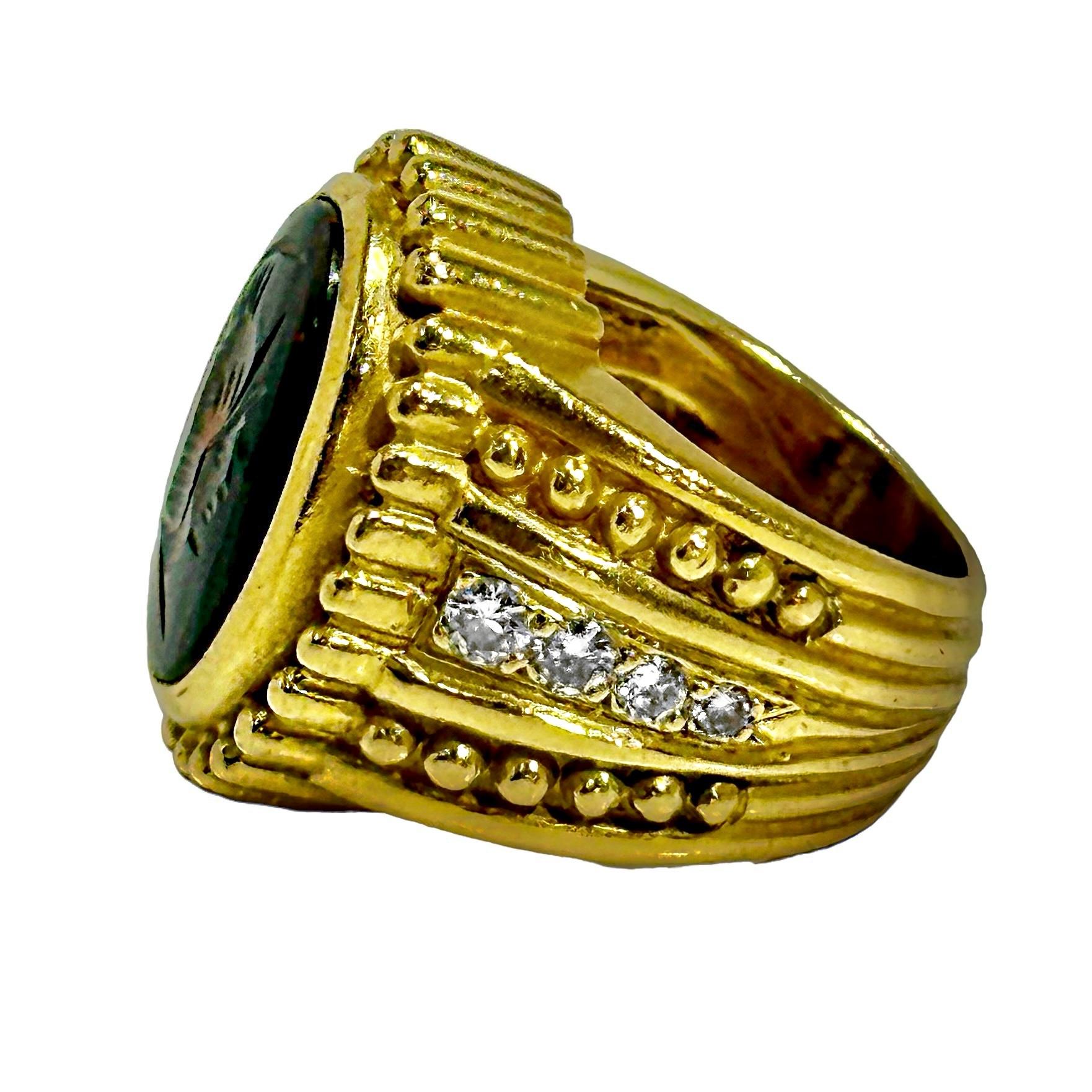 Women's 18K Yellow Gold Judith Ripka Bloodstone Intaglio Ring with Diamonds For Sale