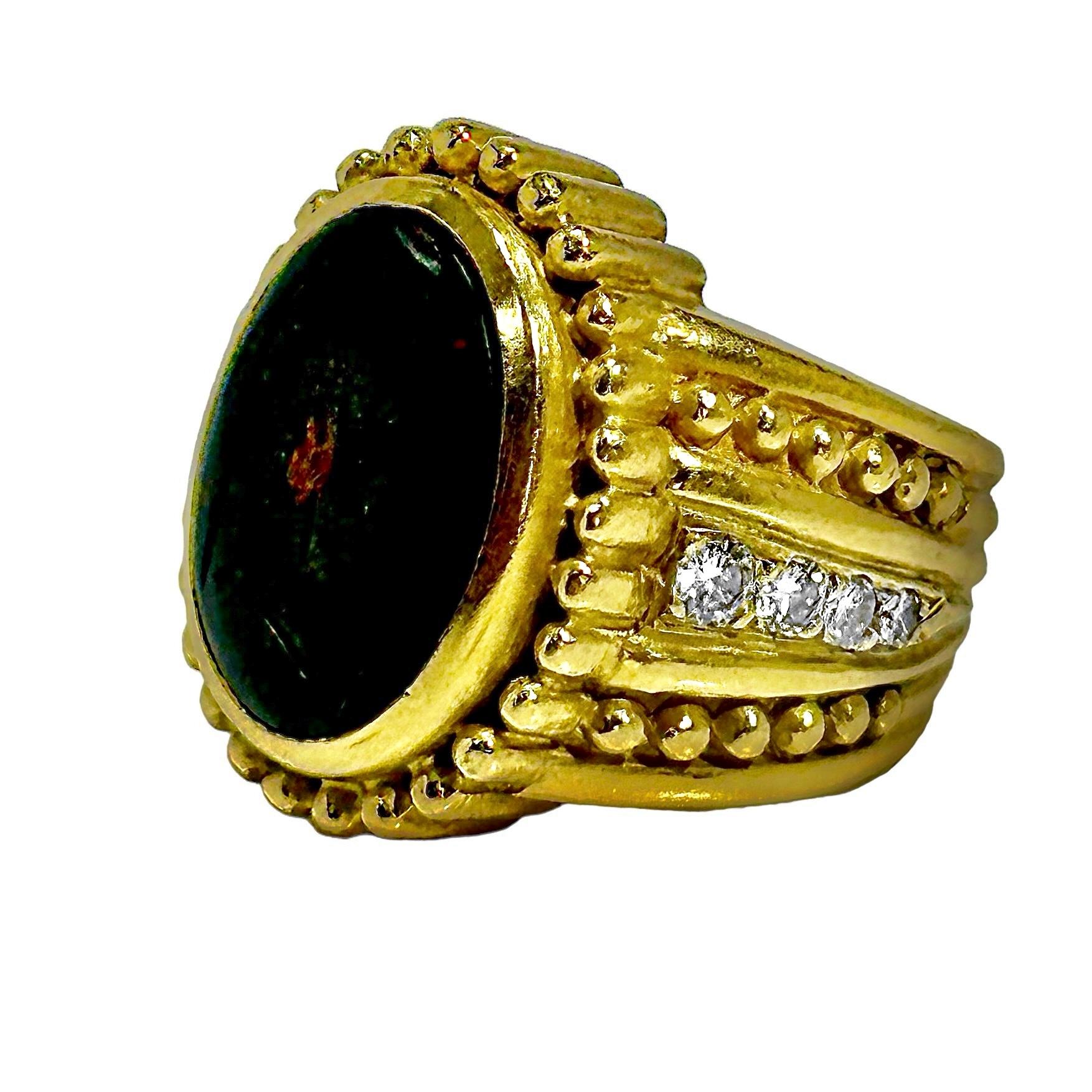 18K Yellow Gold Judith Ripka Bloodstone Intaglio Ring with Diamonds For Sale 1