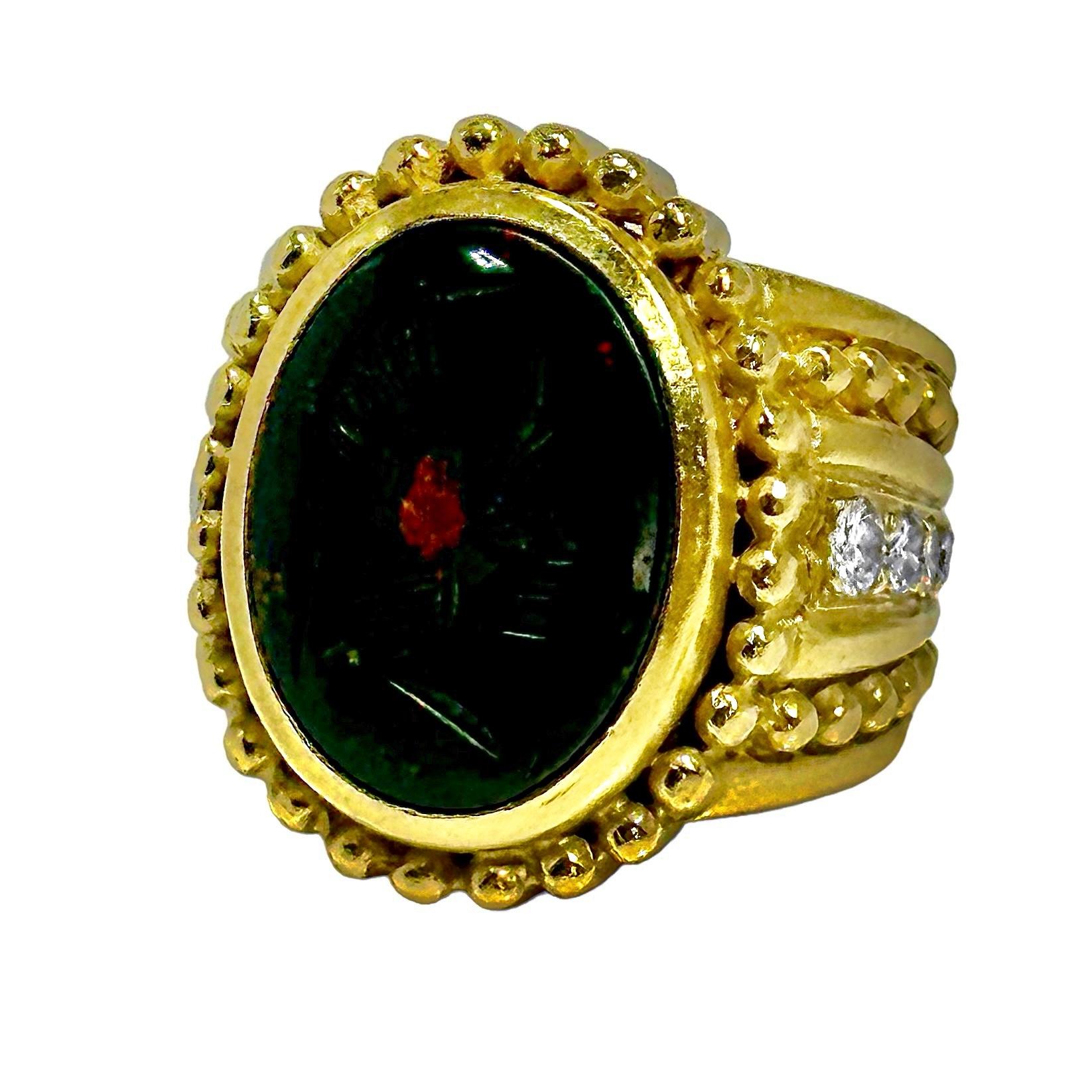 18K Yellow Gold Judith Ripka Bloodstone Intaglio Ring with Diamonds For Sale 2