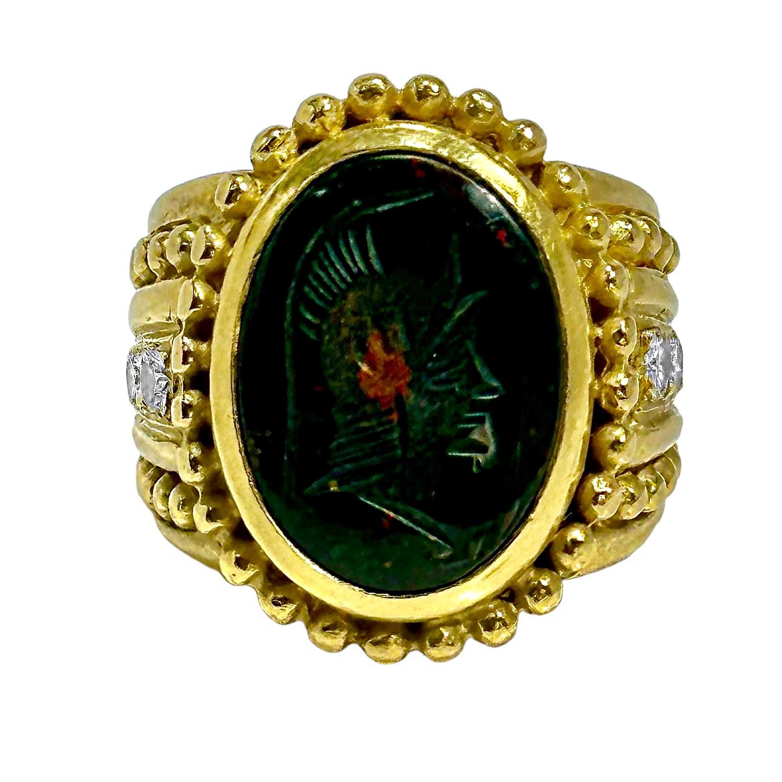 18K Yellow Gold Judith Ripka Bloodstone Intaglio Ring with Diamonds For Sale 3