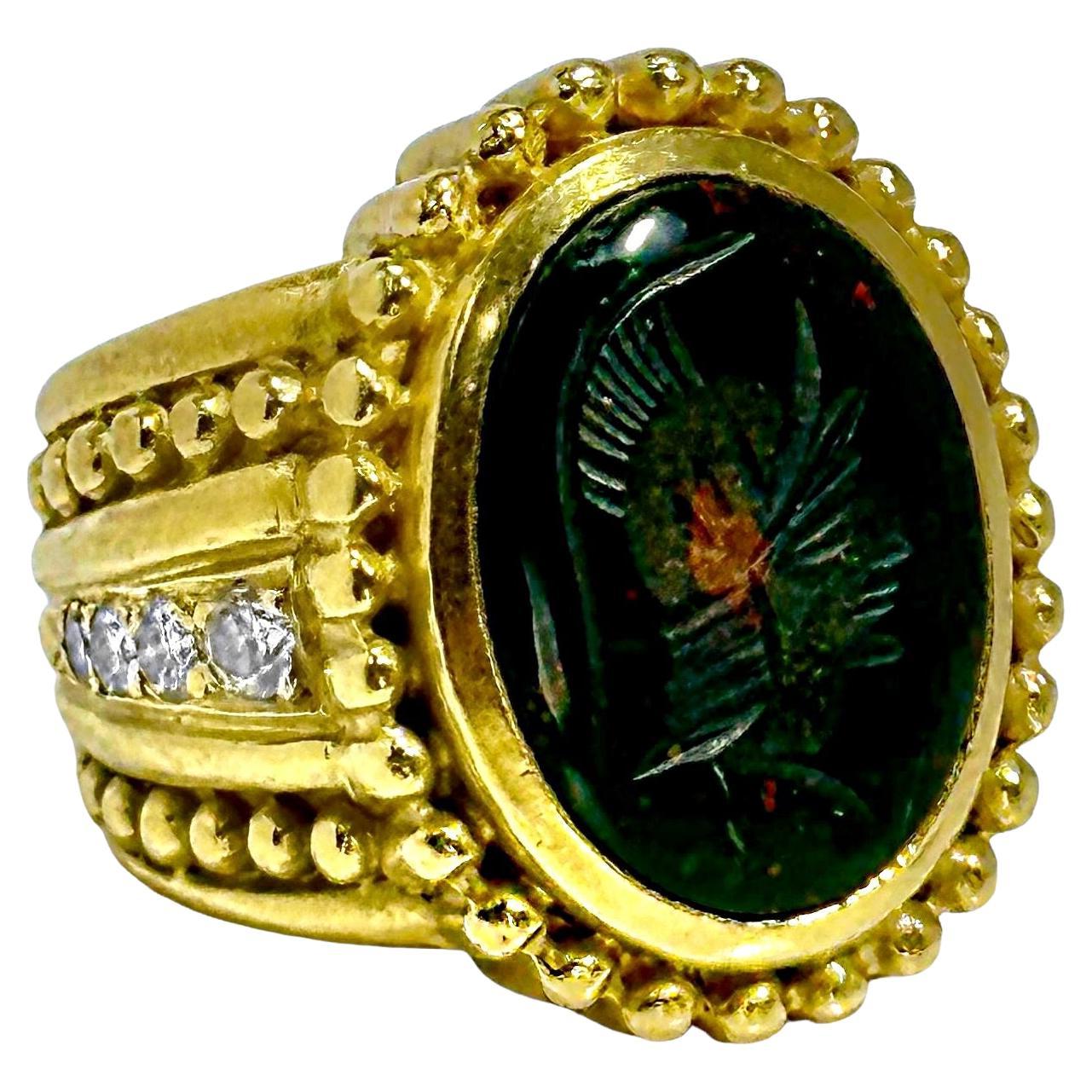 18K Yellow Gold Judith Ripka Bloodstone Intaglio Ring with Diamonds